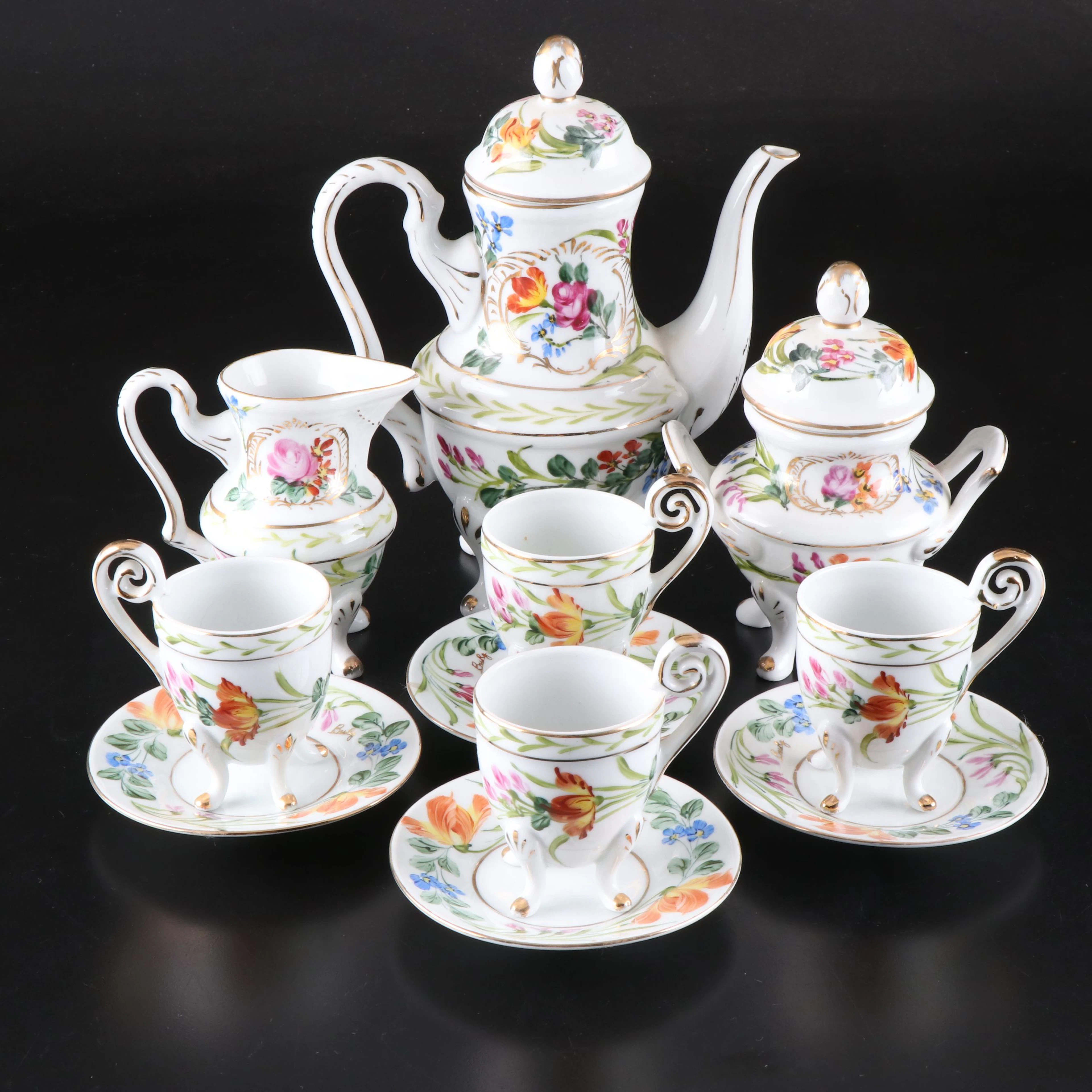 Limoges France Footed Bone China Teapot with Cups, Saucers, Creamer and Sugar
