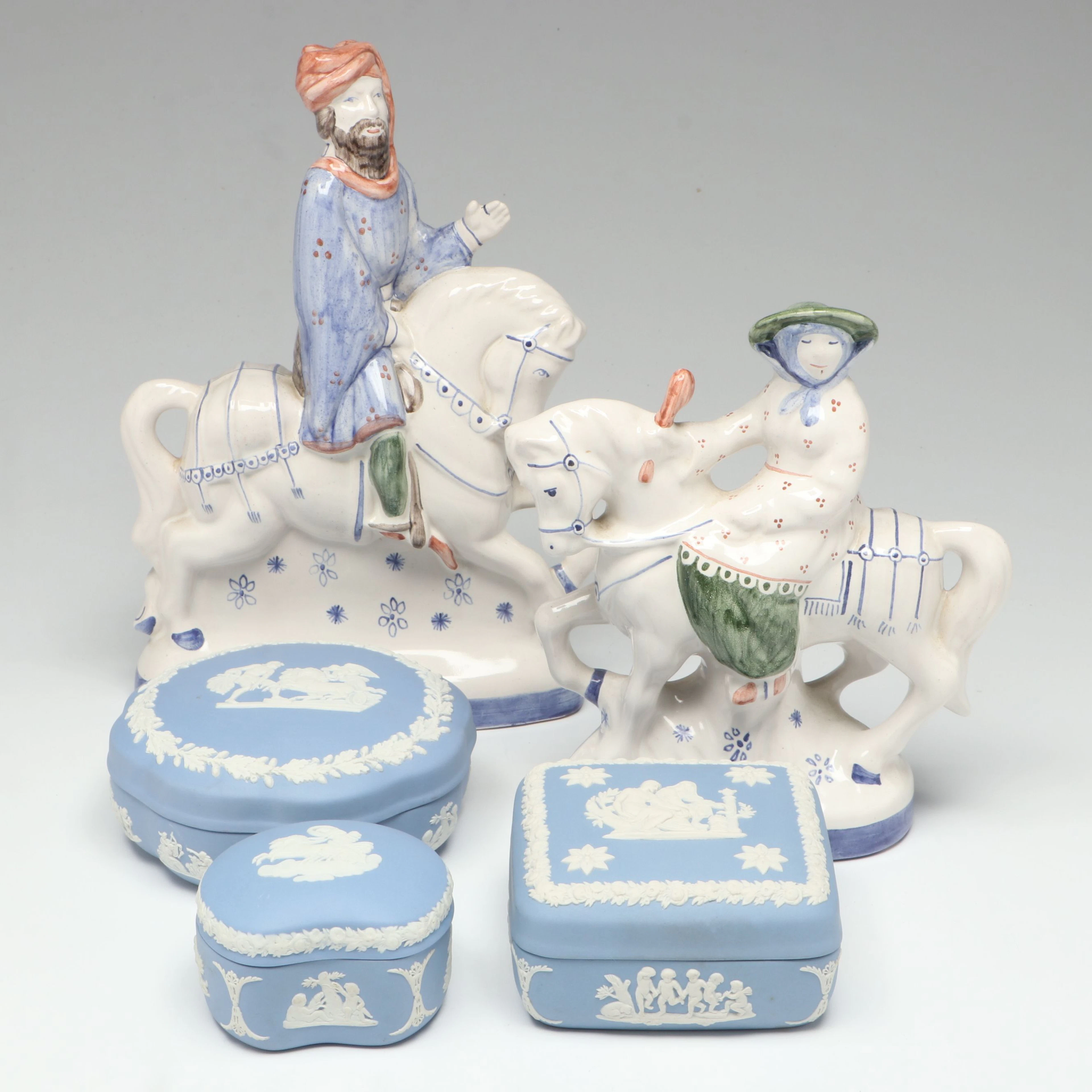 Rye Pottery "The Wife of Bath" and "The Knight" with Wedgwood Boxes