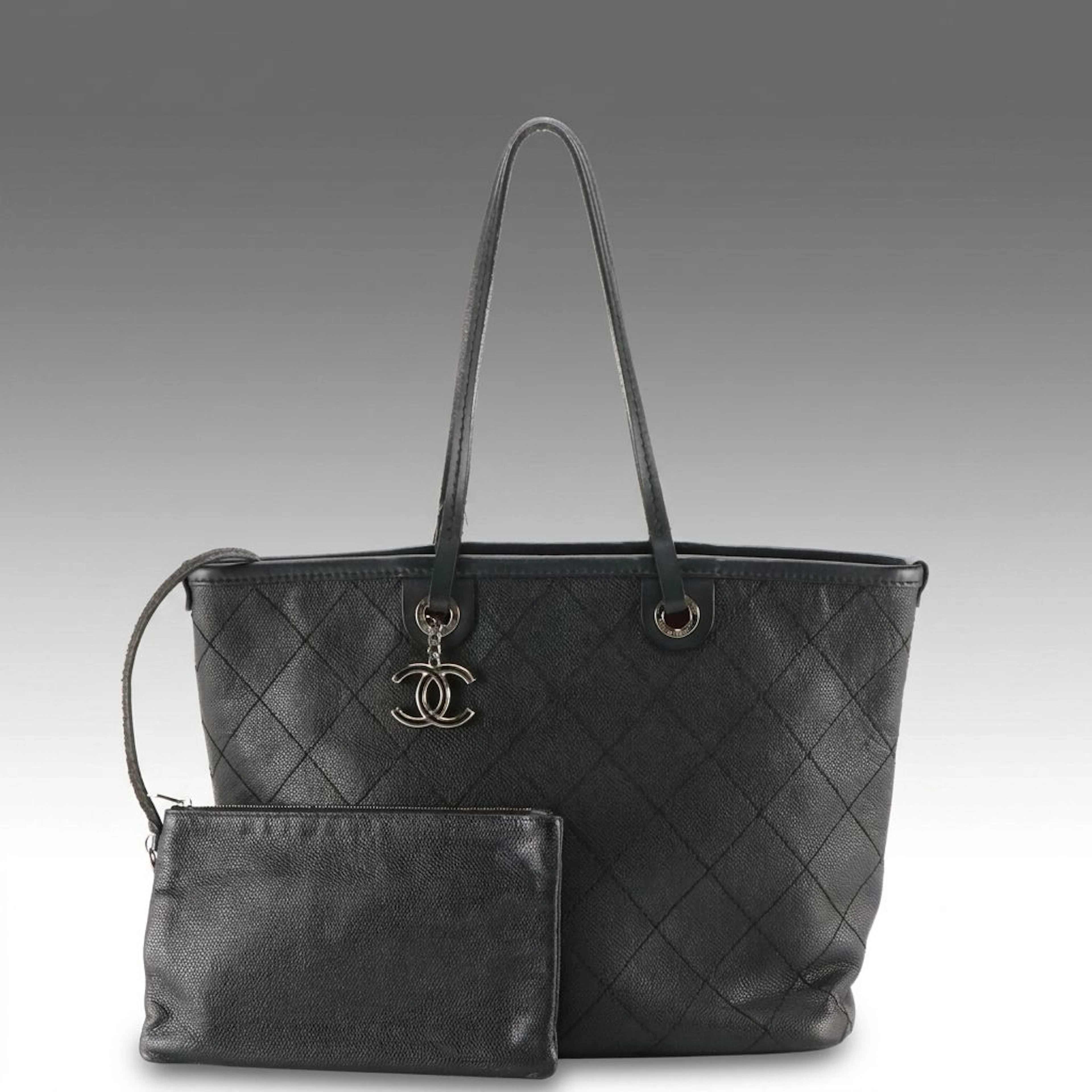 Chanel Large Shopping Fever Tote & Pouch in Black Diamond Stitch Caviar Leather