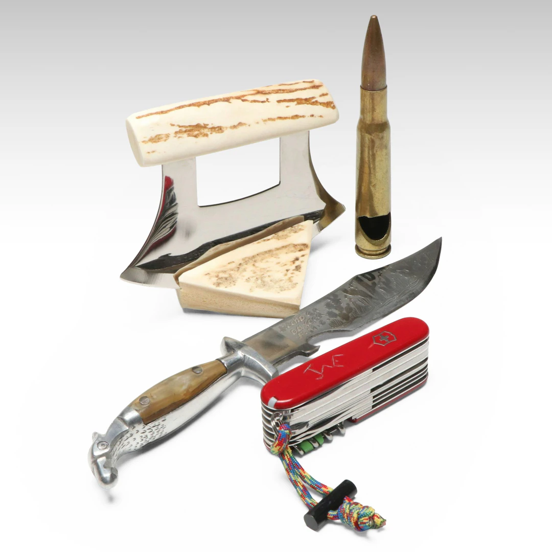 Ulu Knife with Swiss Army Multitool, Leatherman Pouch and More