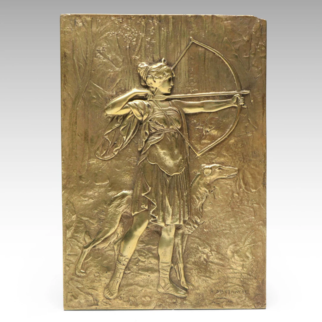 Neoclassical Revival Diana the Huntress Bas-Relief Bronze Plaque
