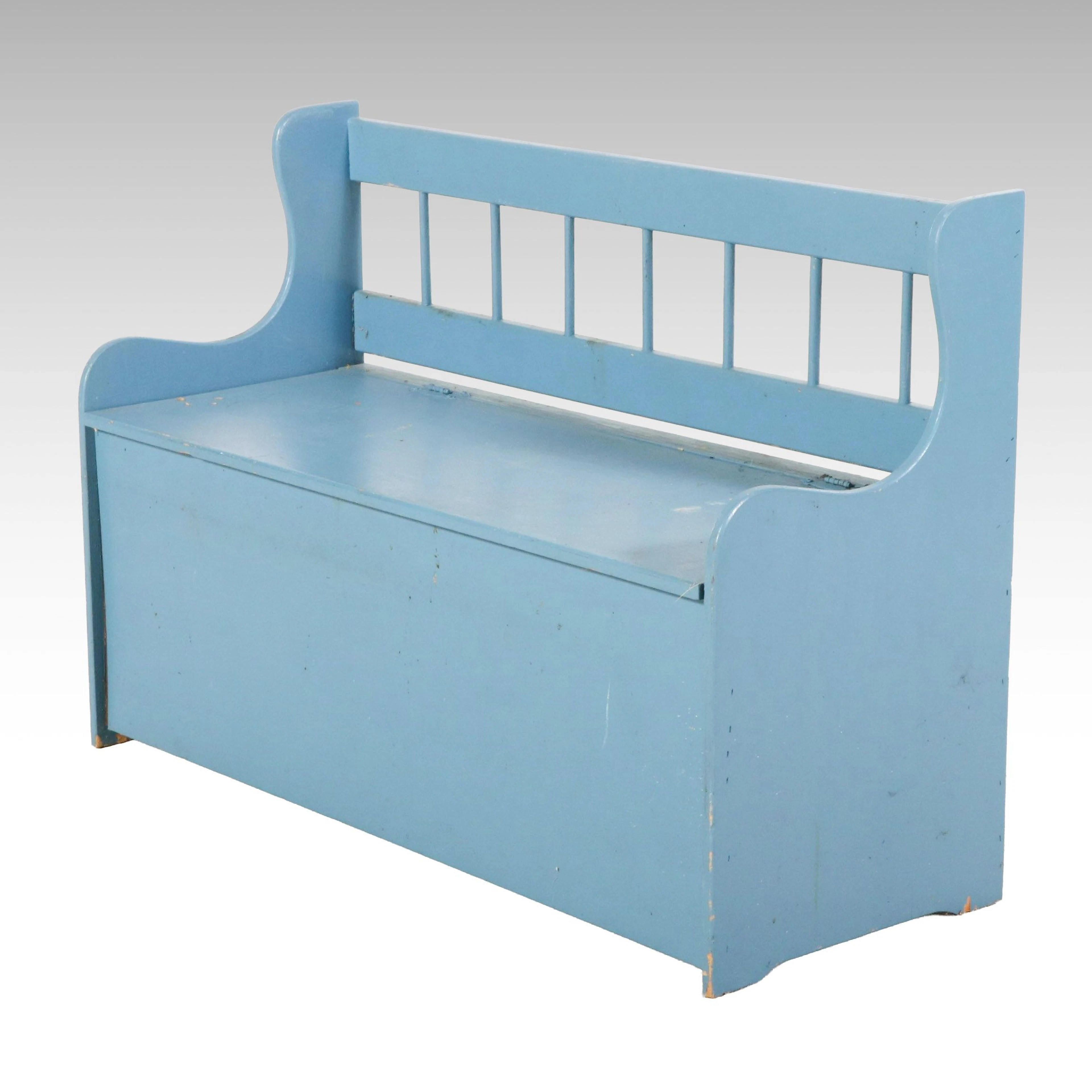 American Primitive Blue Painted Wood Storage Bench, 20th Century