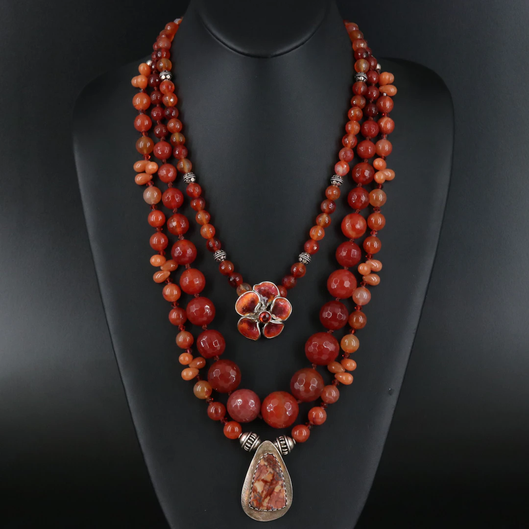 Agate, Jasper and Enamel Necklaces with Silver