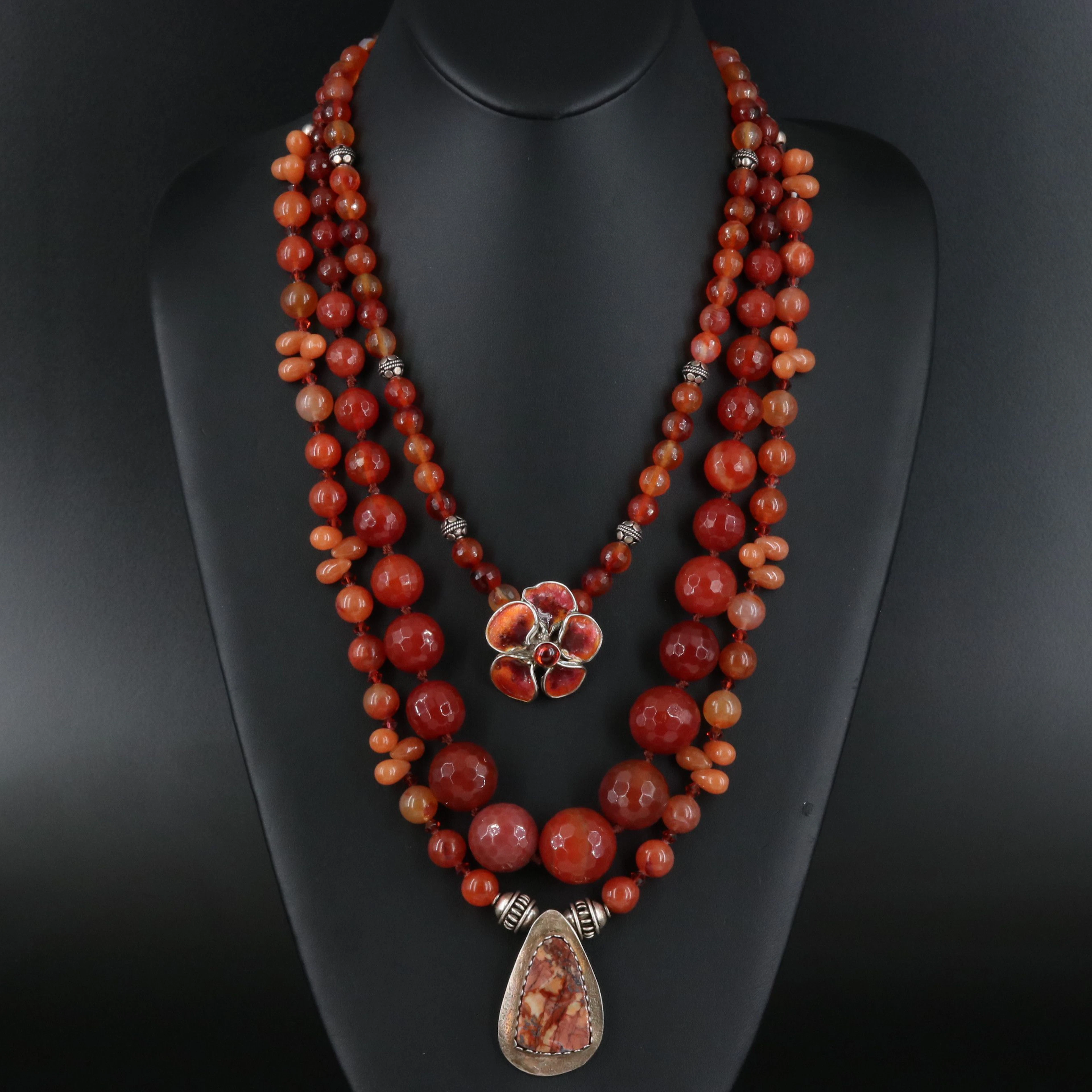 Agate, Jasper and Enamel Necklaces with Silver