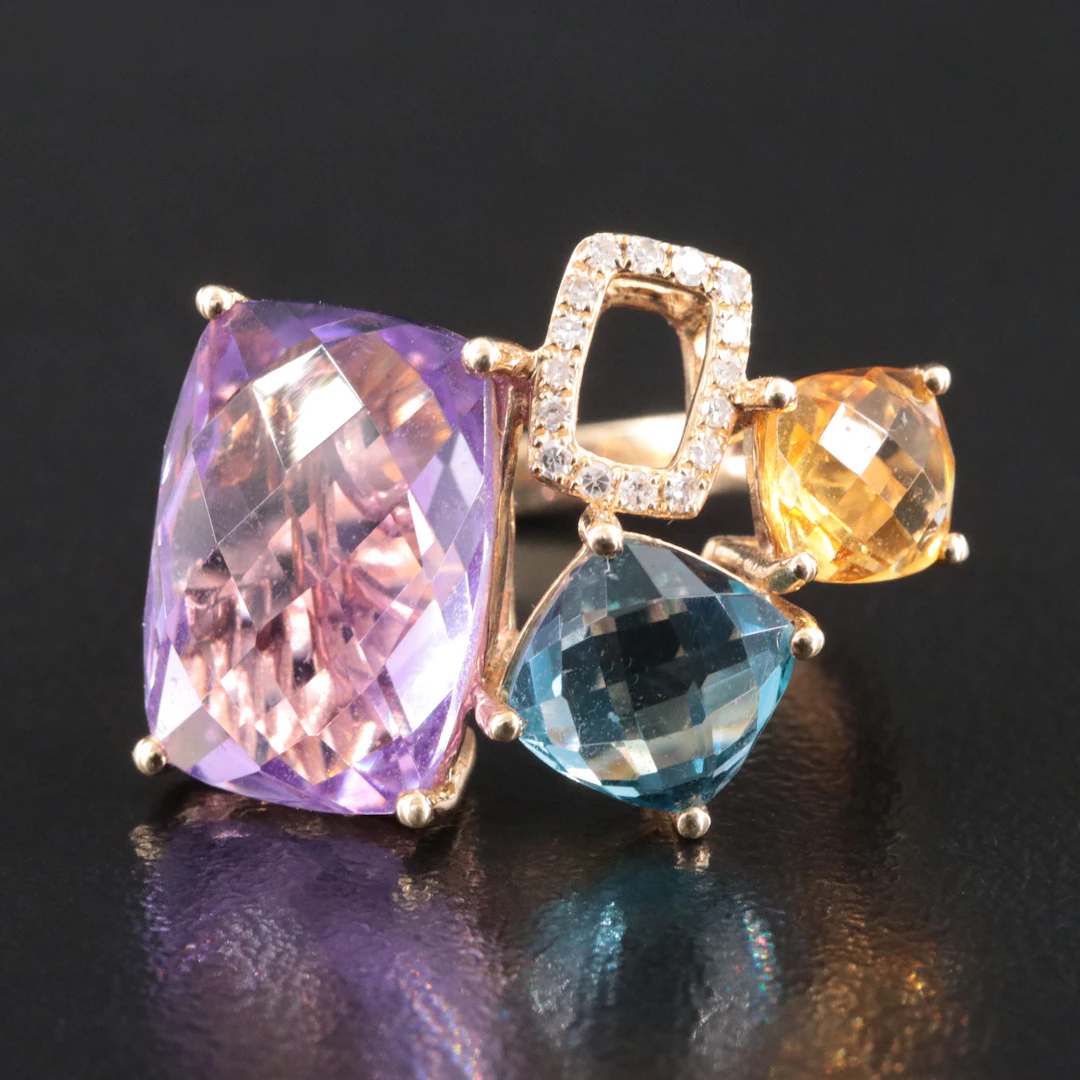 Effy 14K Cluster Ring Including Citrine, Amethyst, Topaz and Diamond