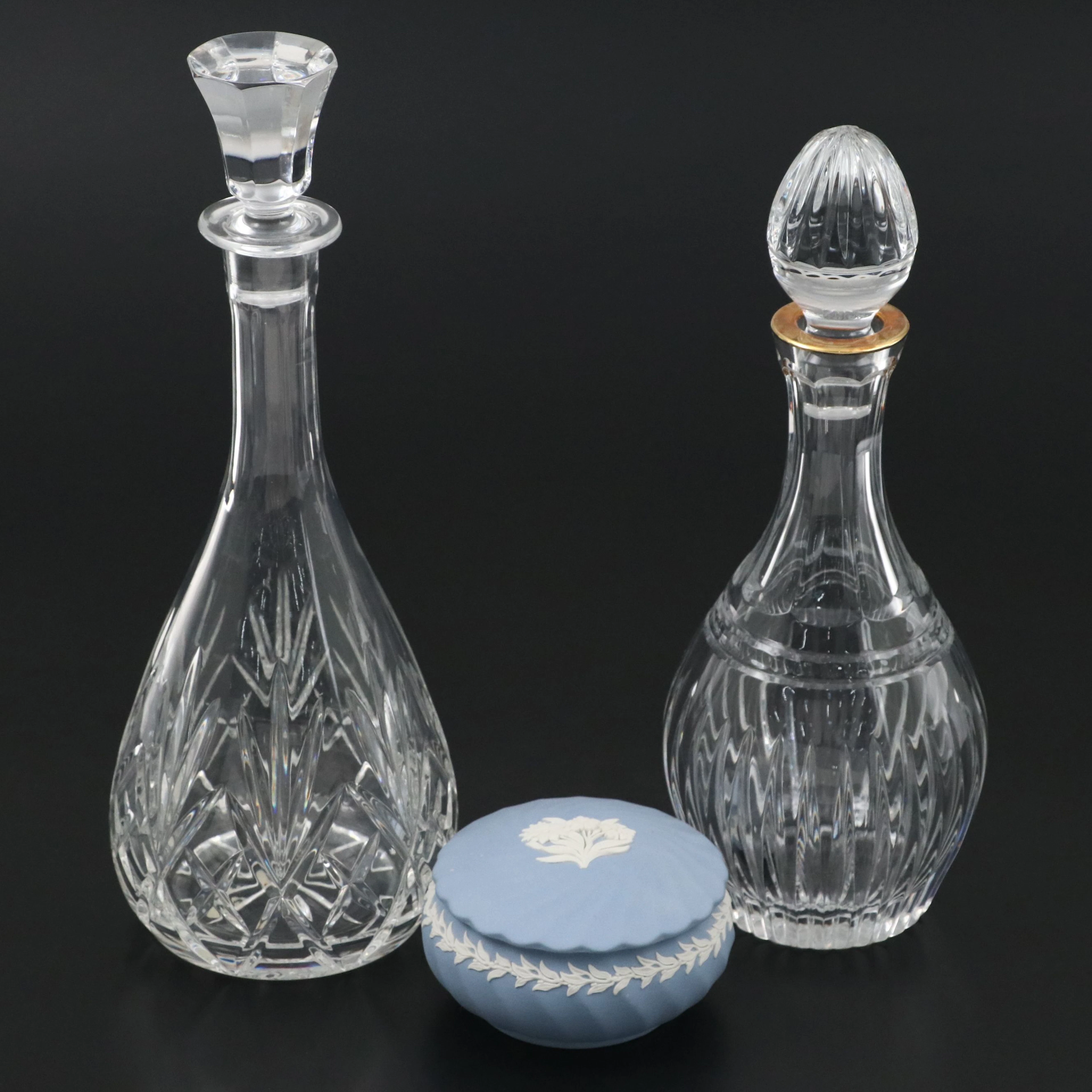 Marquis by Waterford and Other Crystal Decanters with Wedgwood Vanity Box