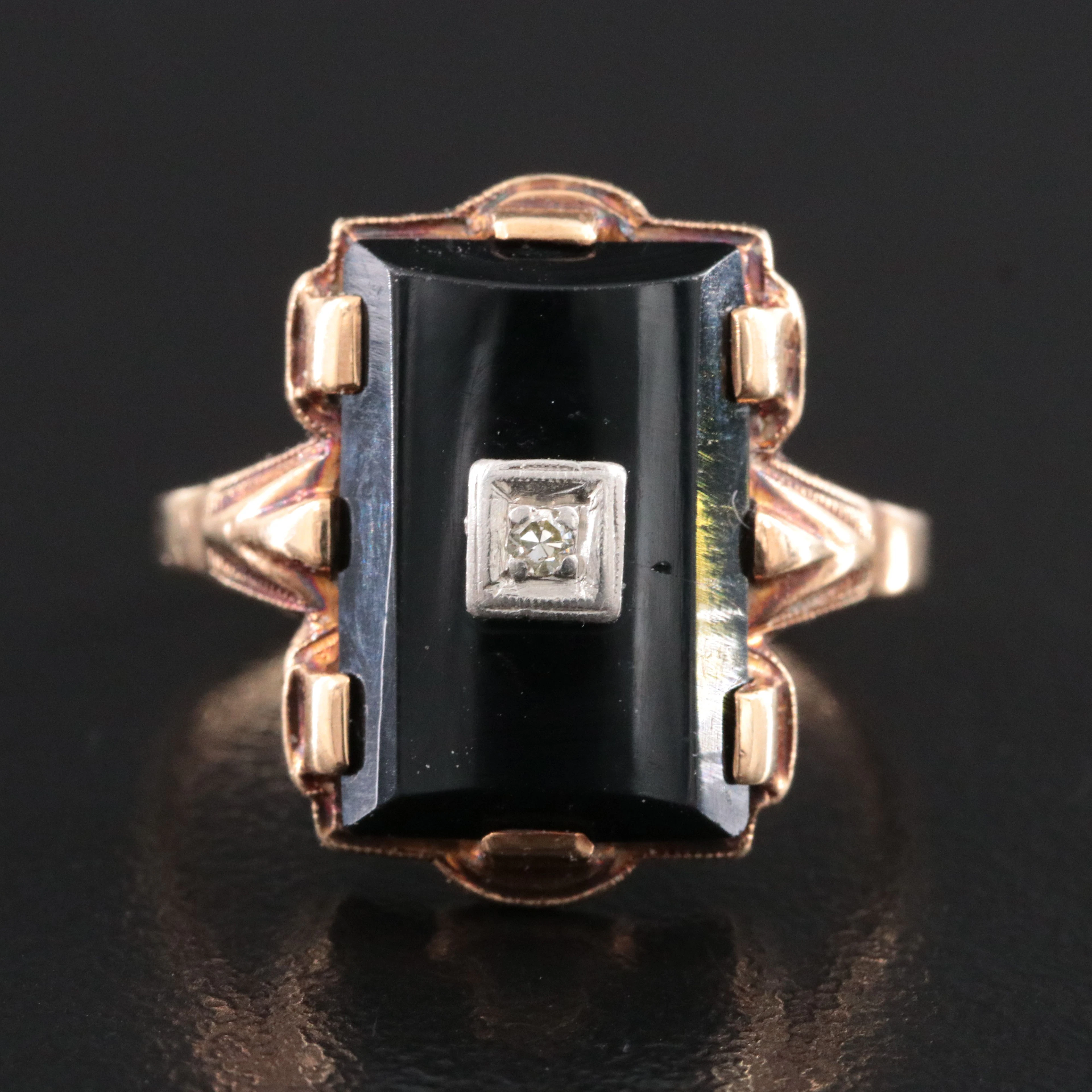 Art Deco 10K Black Onyx and Diamond Rectangular Ring