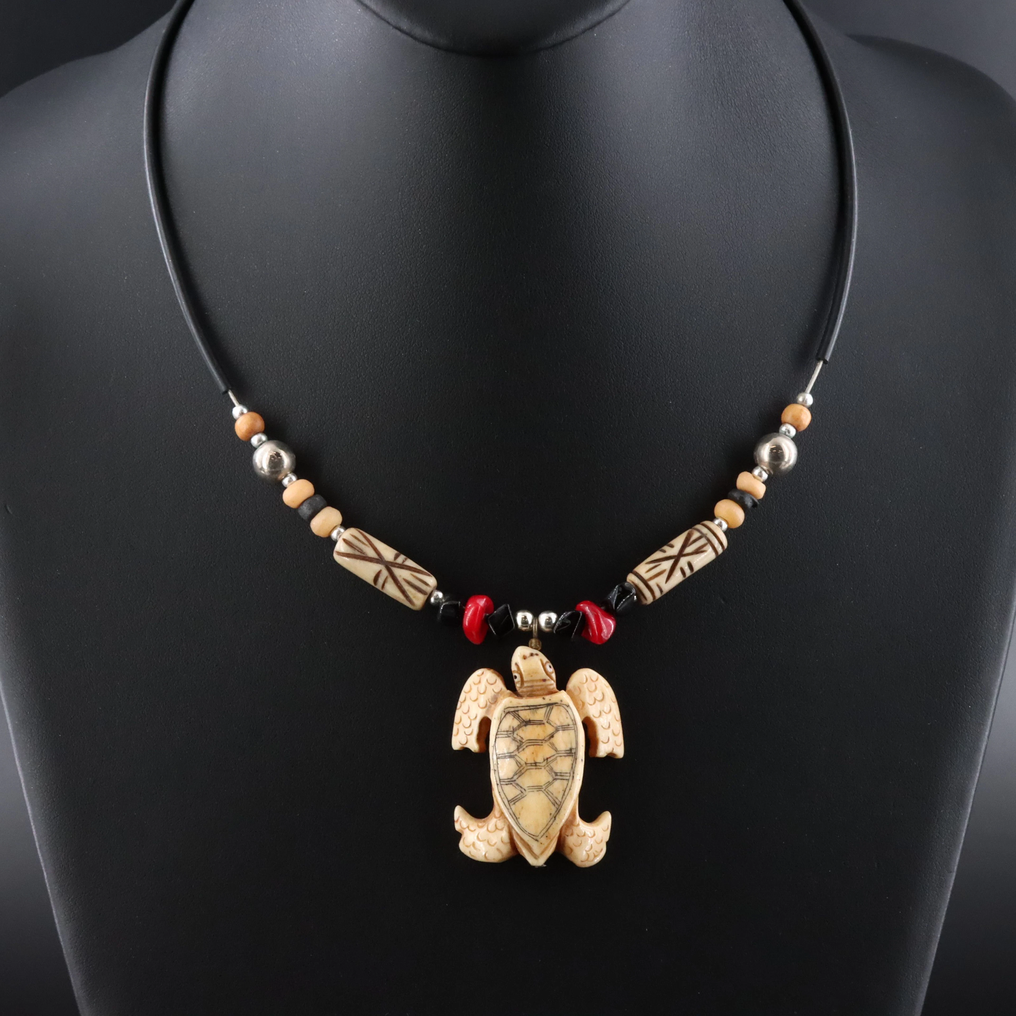 Carved Turtle Necklace with Bone, Coral and Obsidian