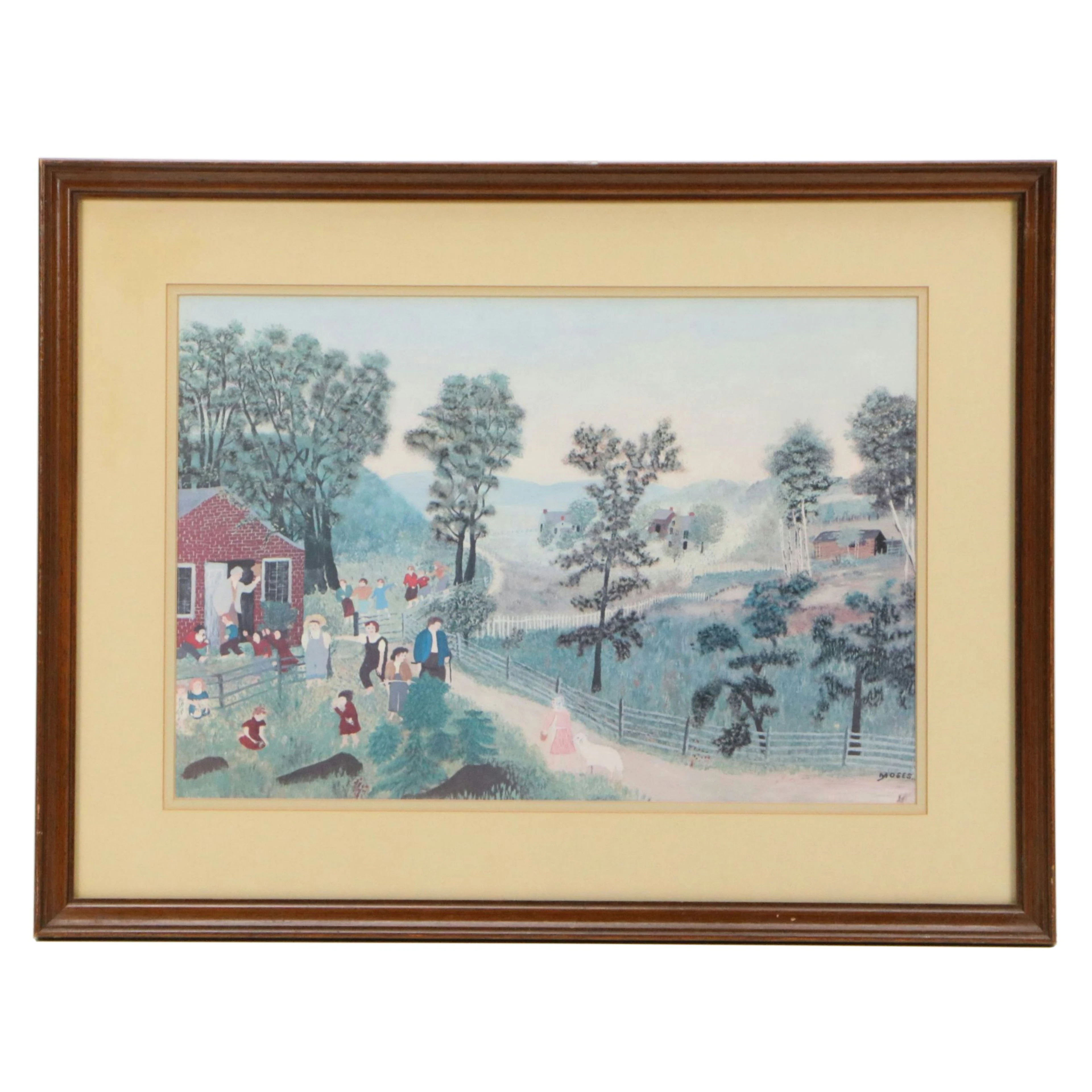 Grandma Moses Offset Lithograph "Mary and The Little Lamb," Late 20th Century