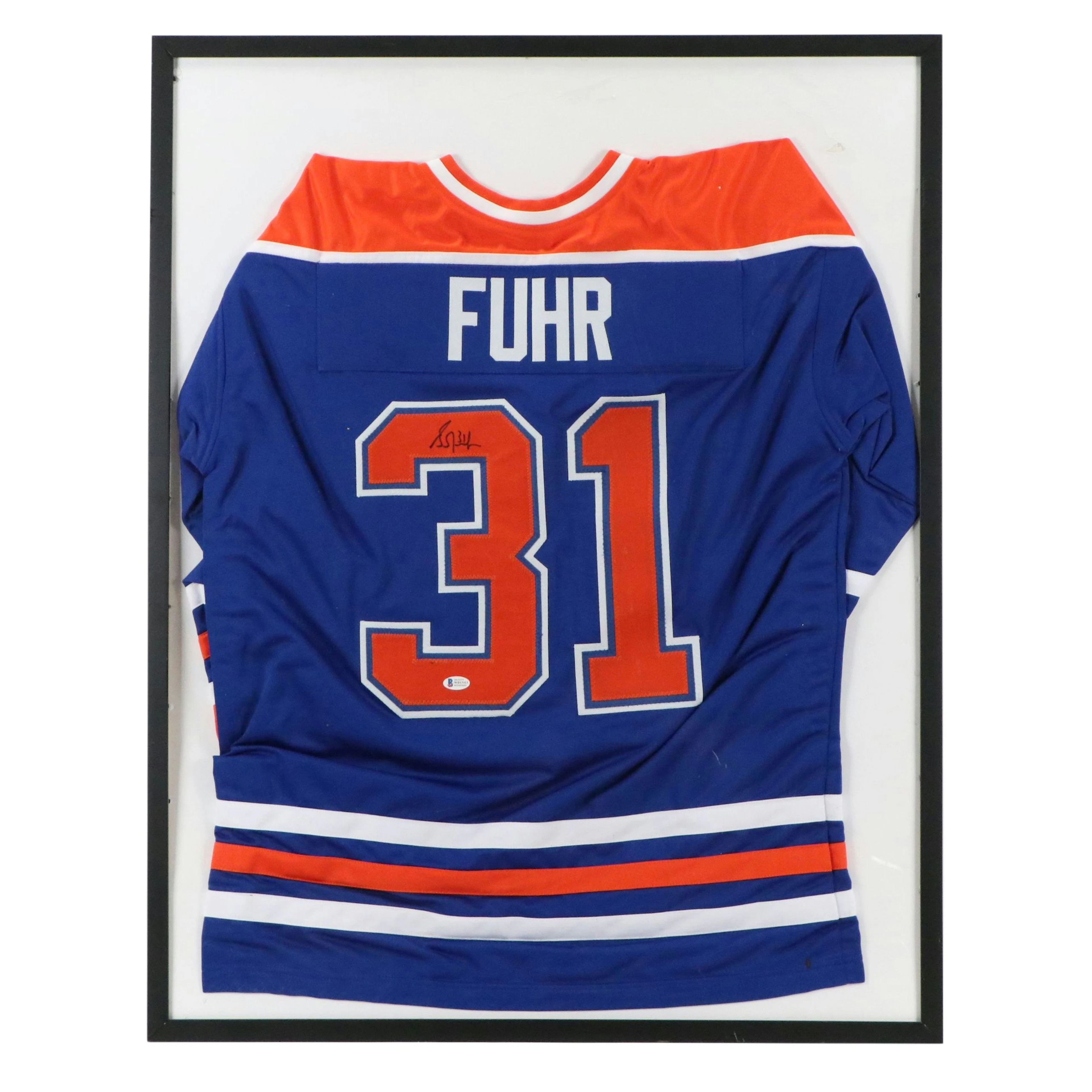 Grant Fuhr Signed Edmonton Oilers Hockey Jersey with Display, Beckett