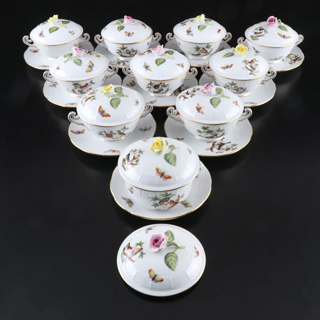 Herend "Rothschild Bird" Porcelain Cream Soup Bowl and Saucer