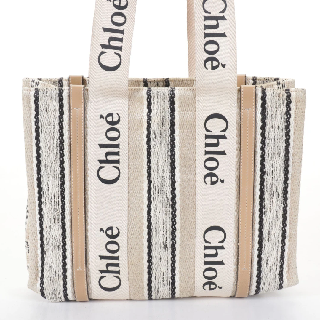 Chloé Woody Shoulder Tote Bag in Woven Canvas and Leather Trim
