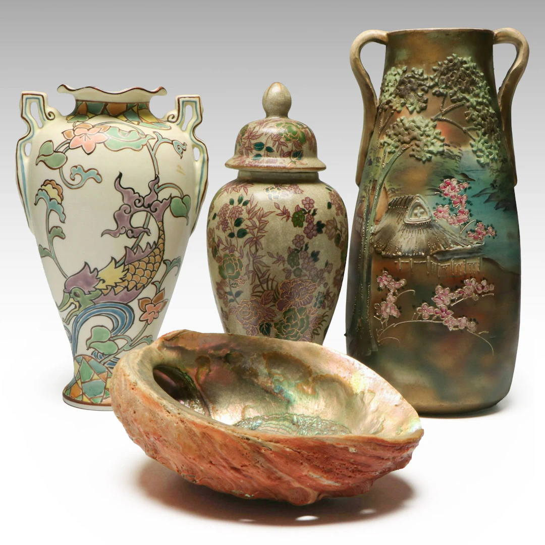 Japanese Lugged Moriage Vase with Abalone Shell and More Ceramic Vessels