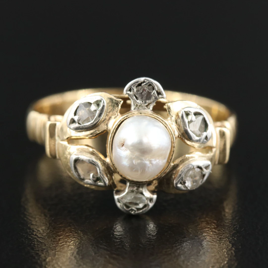 Georgian 18K Pearl and Diamond Flower Ring