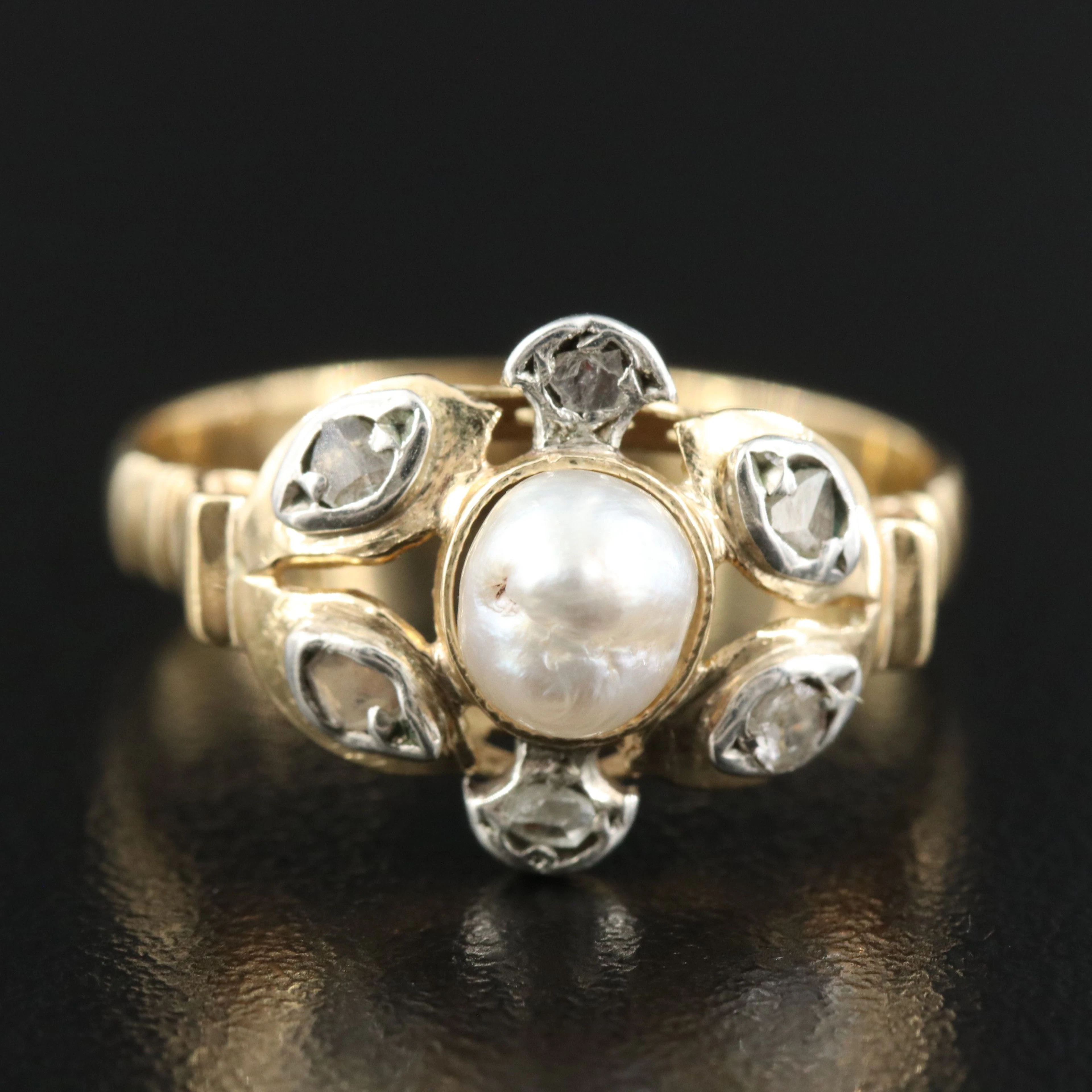 Georgian 18K Pearl and Diamond Flower Ring