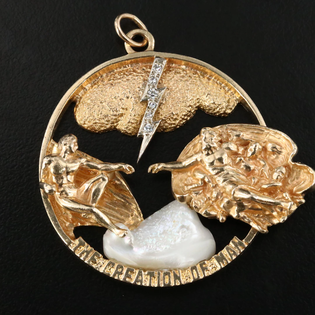 Vintage 10K "The Creation of Man" Pendant with Pearl and Diamonds