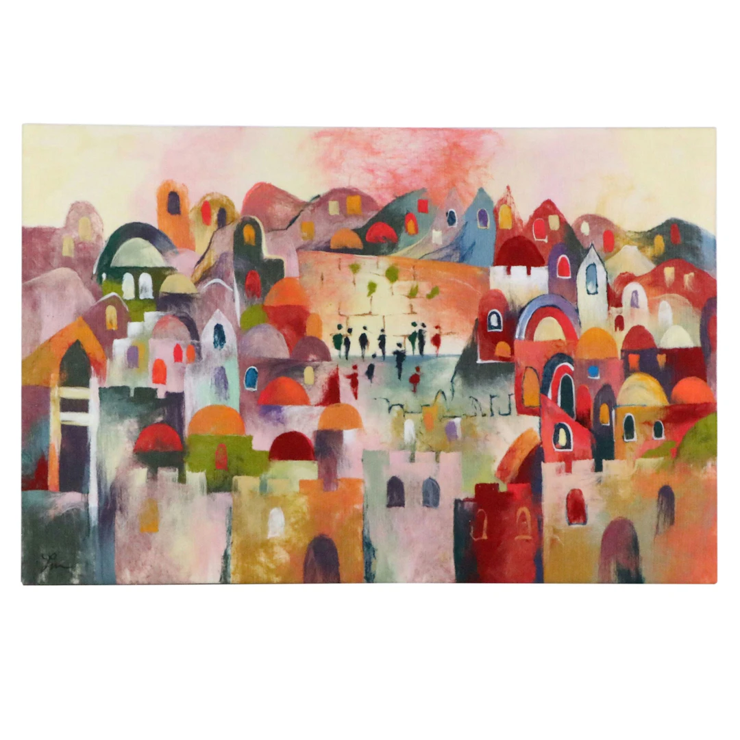 Hand-Felted Panel of Colorful Cityscape, 21st Century