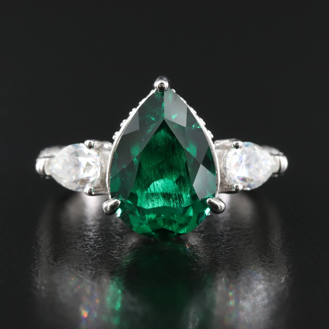 Sterling Emerald and Moissanite Ring