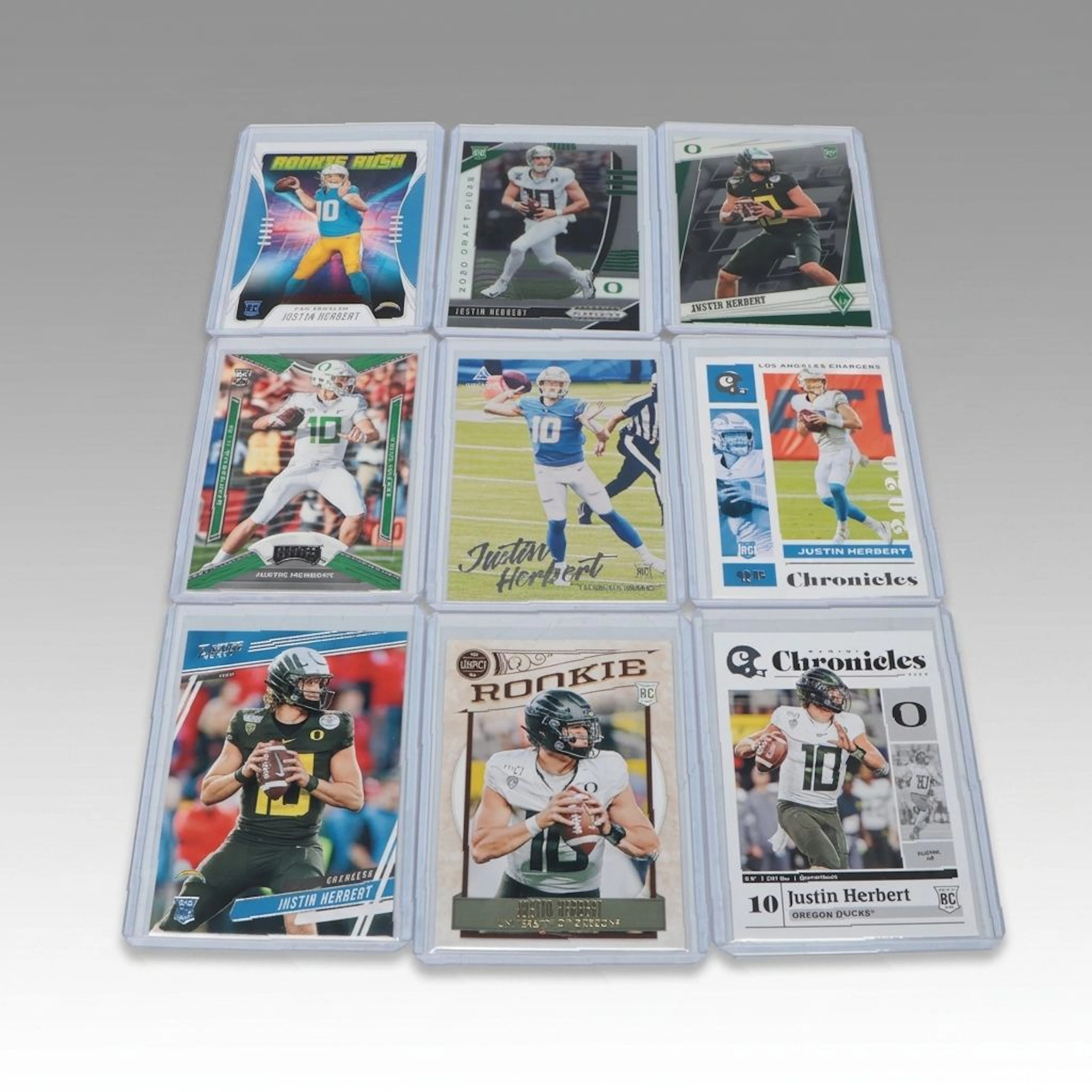 Nine Justin Herbert Los Angeles Chargers and Oregon Rookie Football Cards