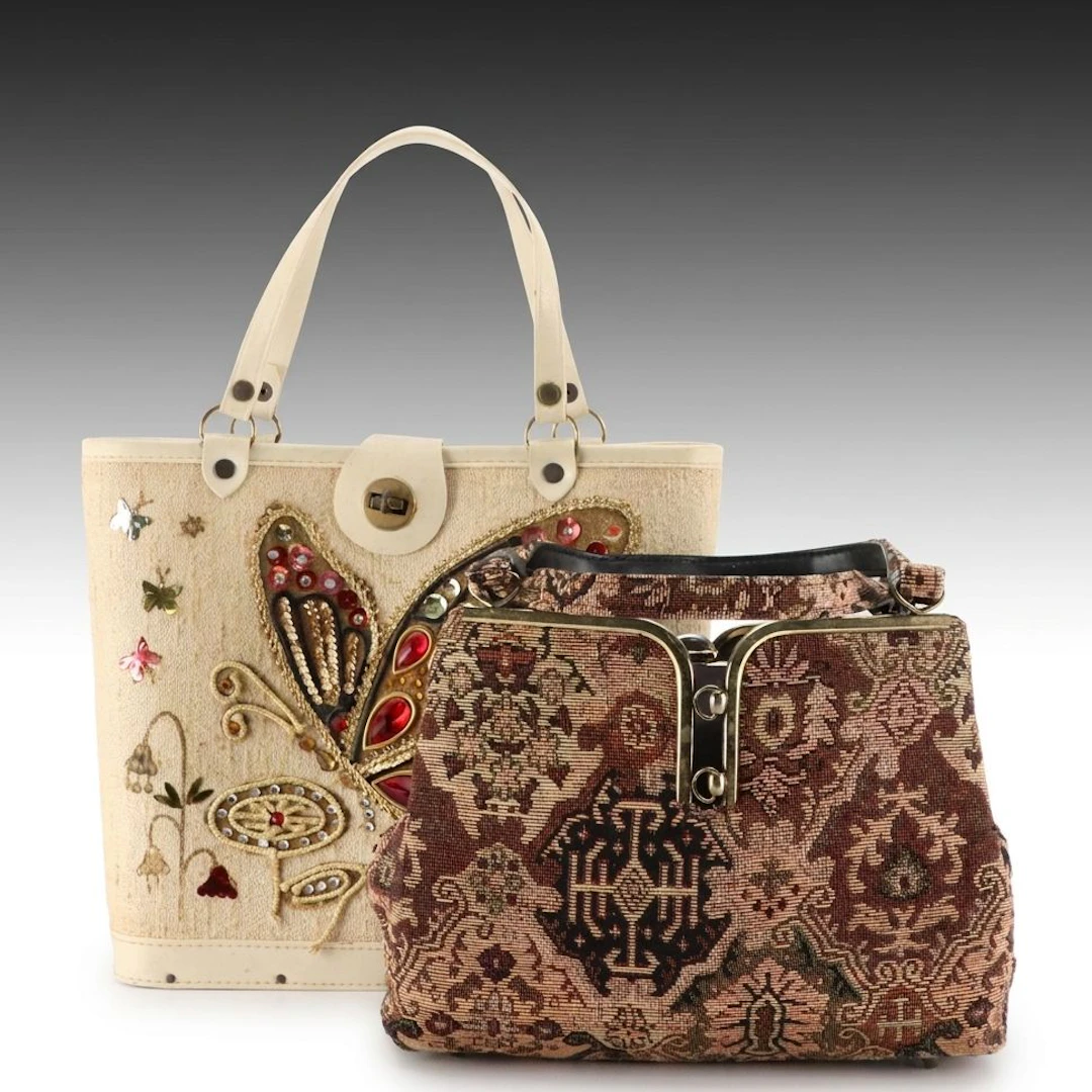 Vintage Tapestry Frame Shoulder Bag and Embellished Wooden-Base Handbag