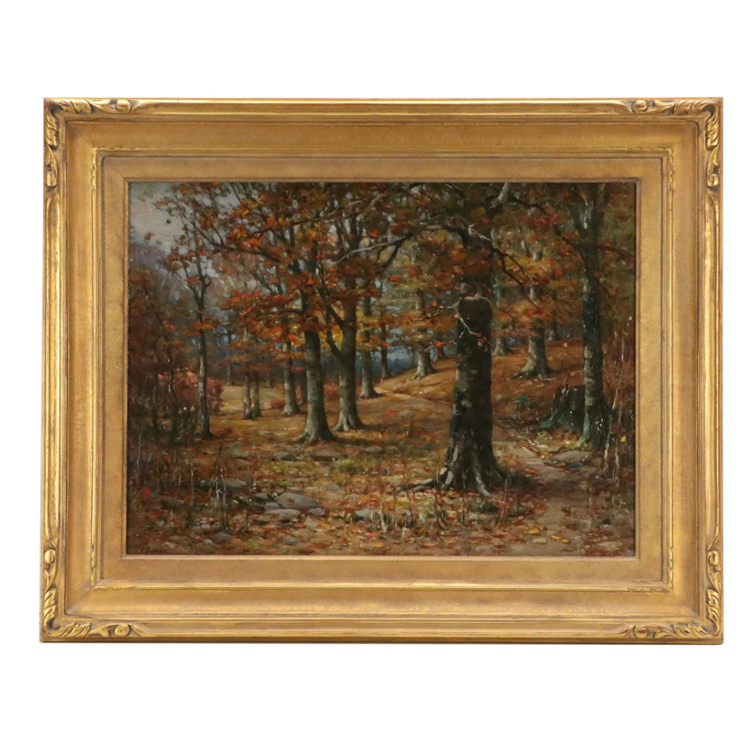 J. E. Bundy Forest Landscape Oil Painting "Path Through the Woods"