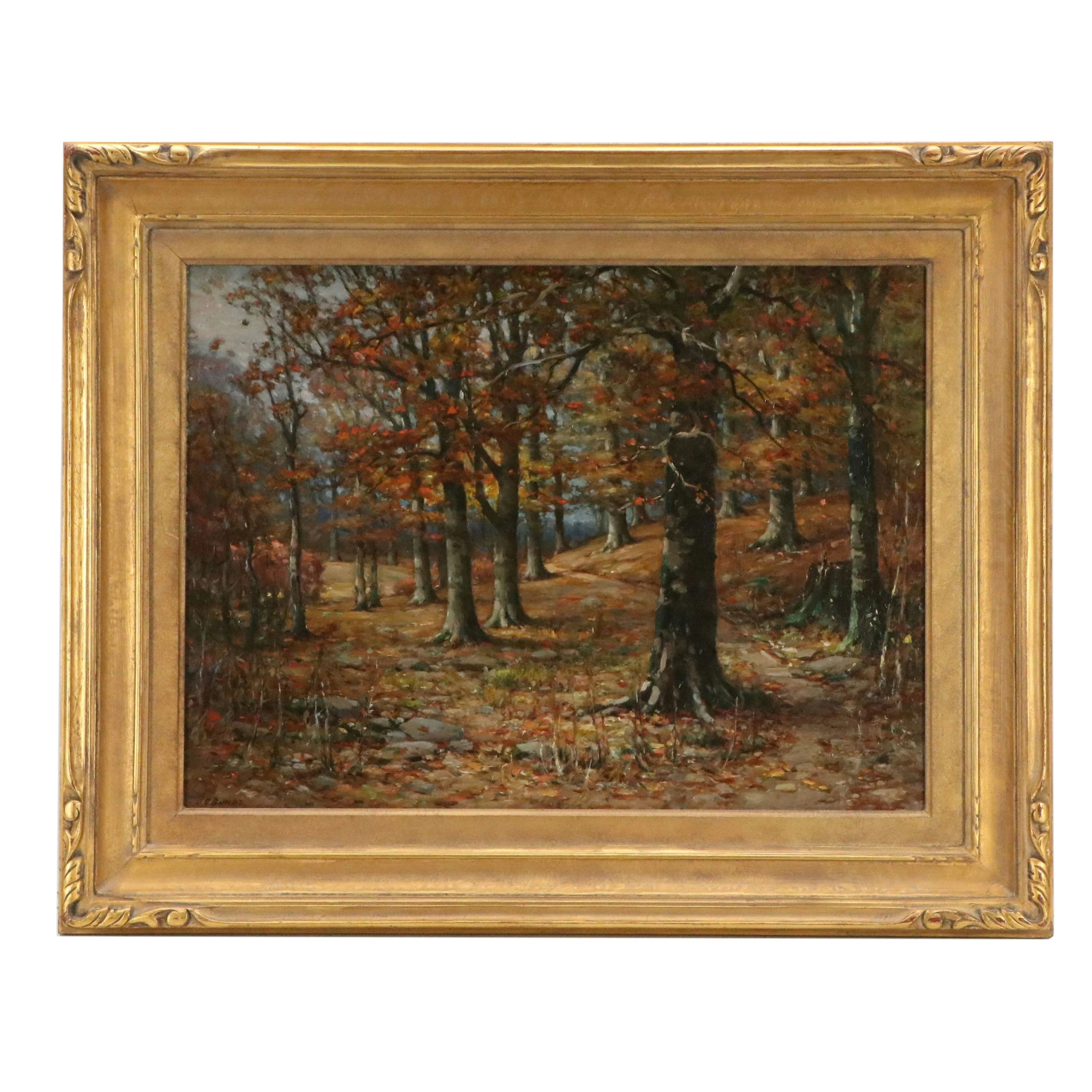 J. E. Bundy Forest Landscape Oil Painting "Path Through the Woods"