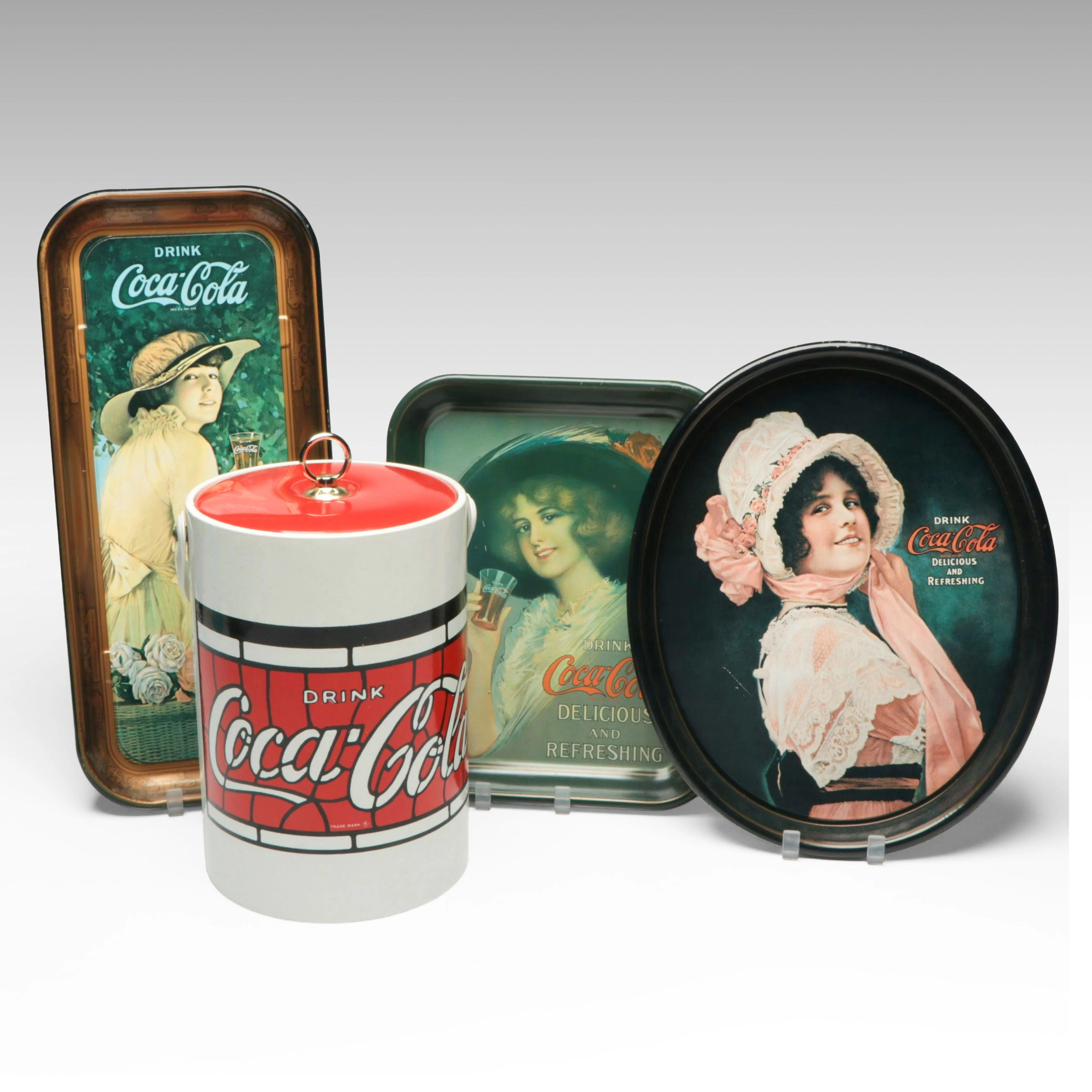 Coca-Cola Mid-Century Ice Bucket with Victorian Style Decorative Trays