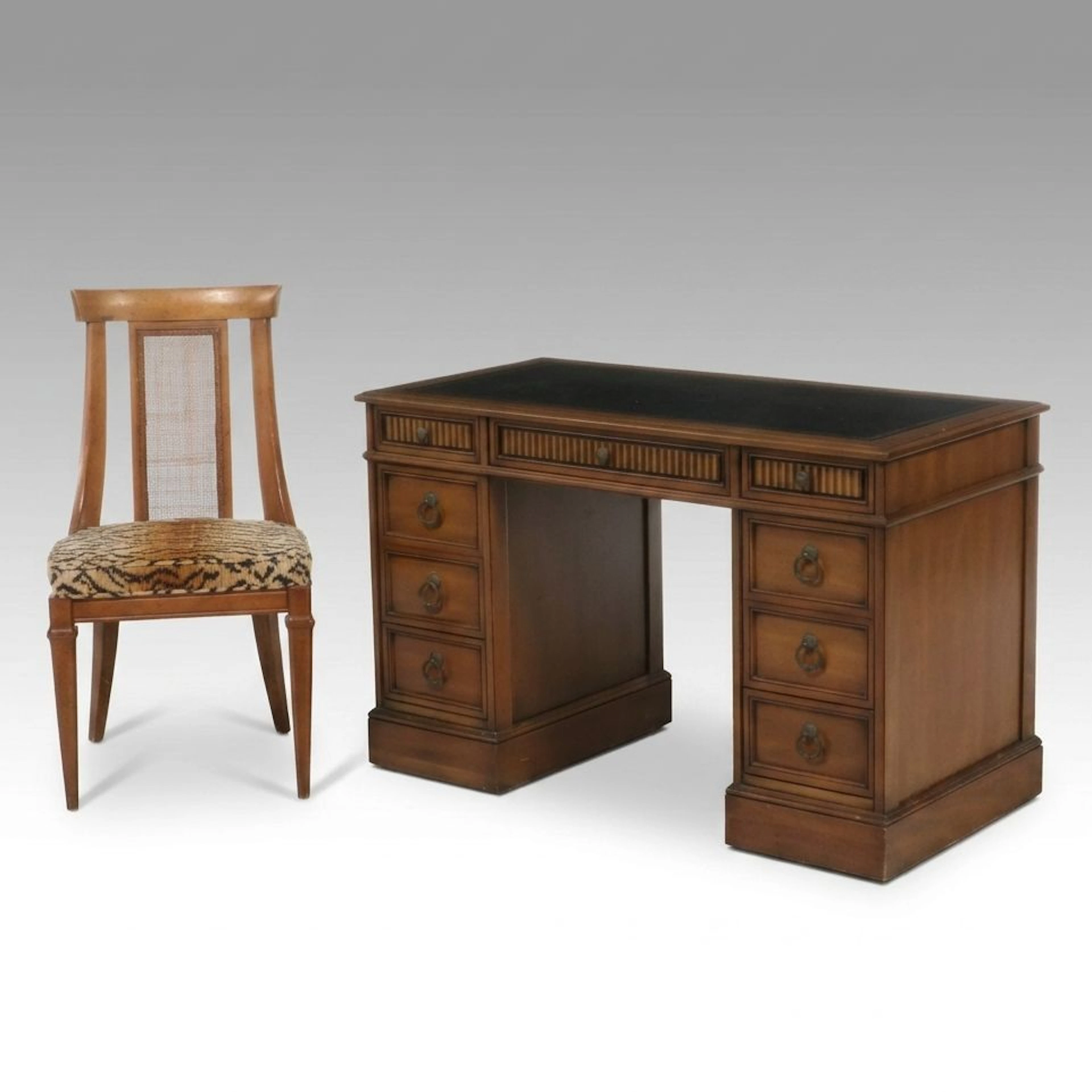 Sligh Furniture Neoclassical Revival Style Pedestal Desk and Cane Back Chair
