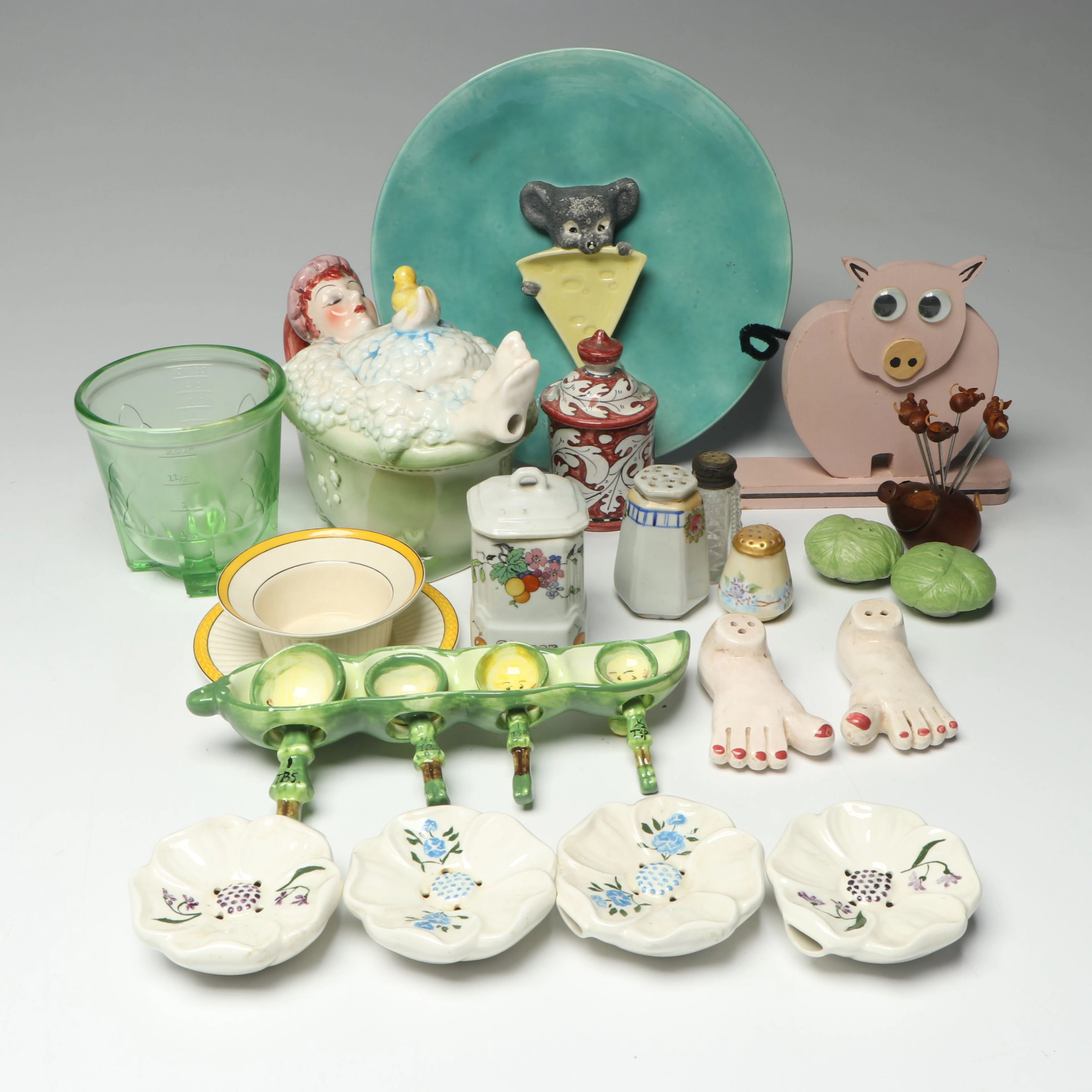 Art Deco Uranium Glass Footed Measuring Cup with Novelty and Other Kitchenware