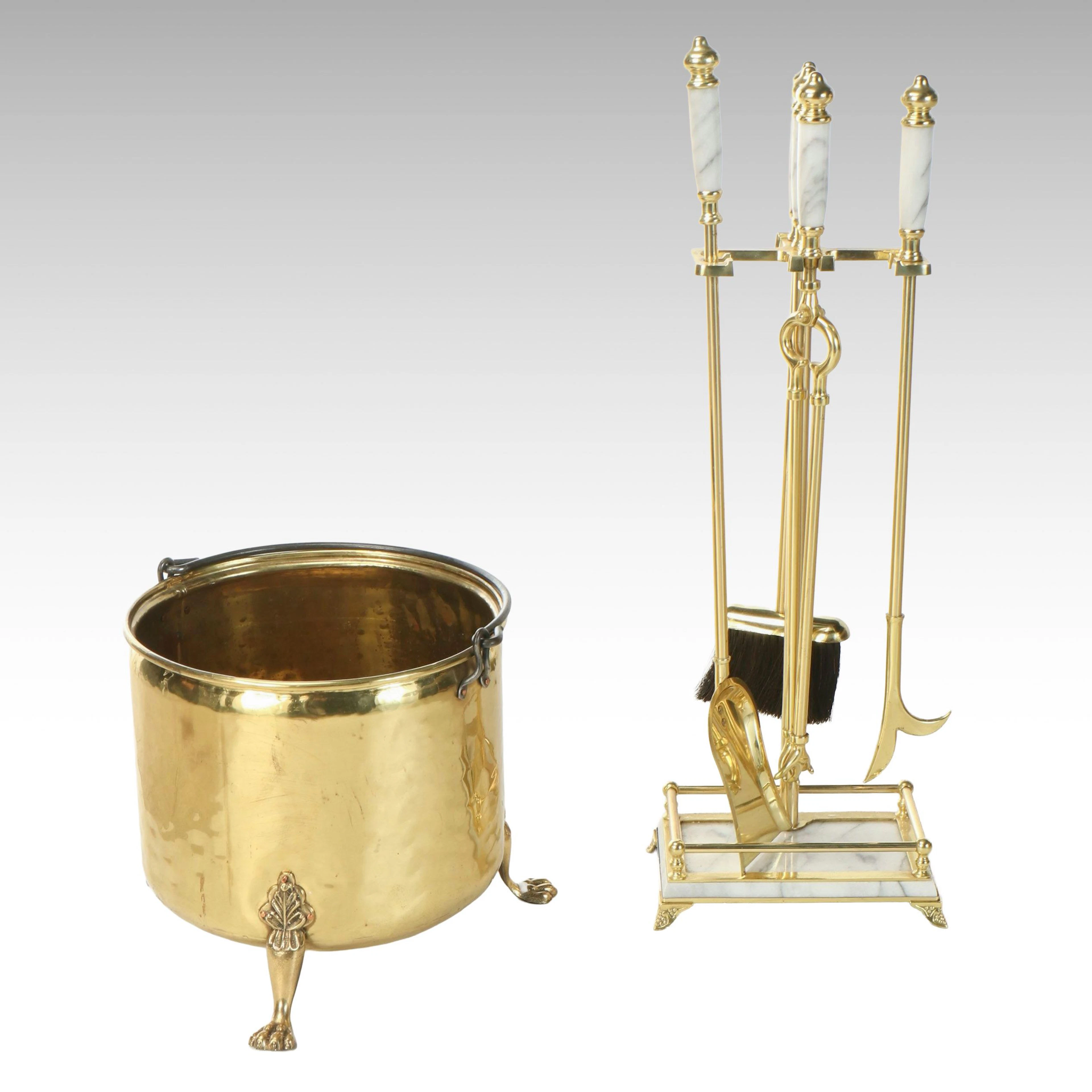 Victorian Style Brass Fireplace Bucket and Marble Handled Tool Set