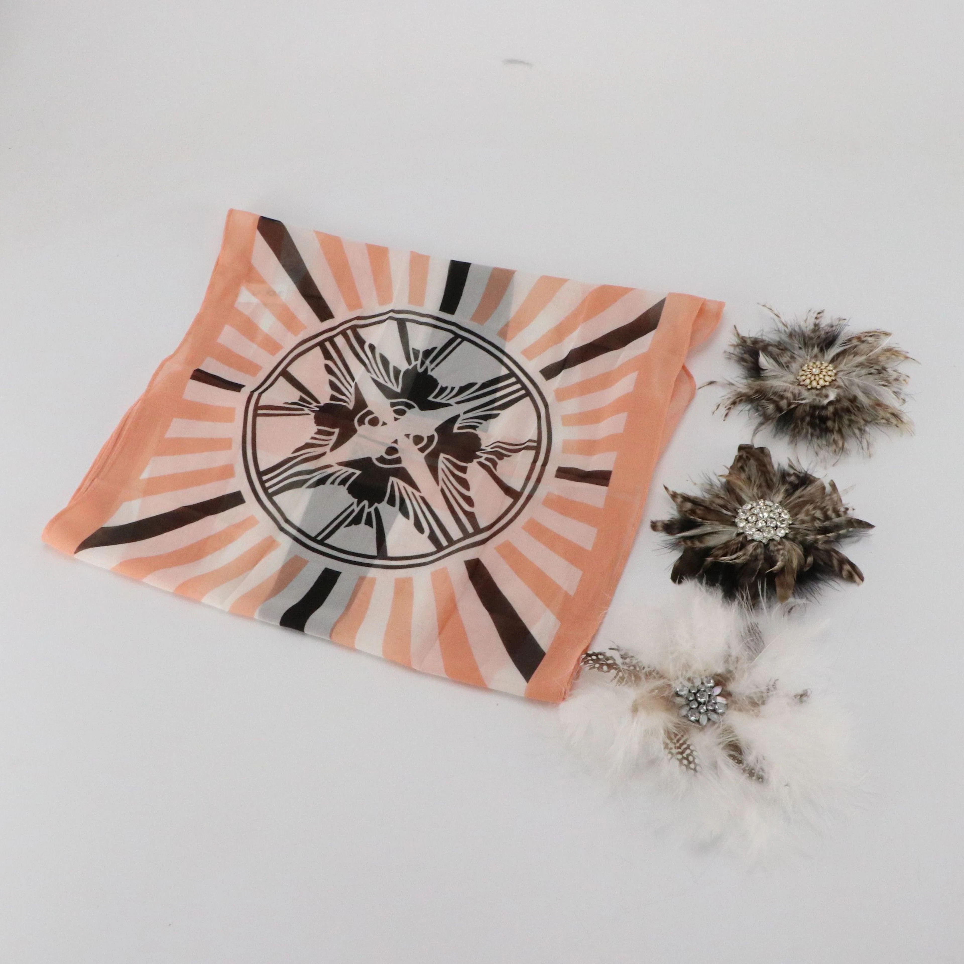 Lalique Printed Polyester Scarf, and Other Embellished Feather Brooches