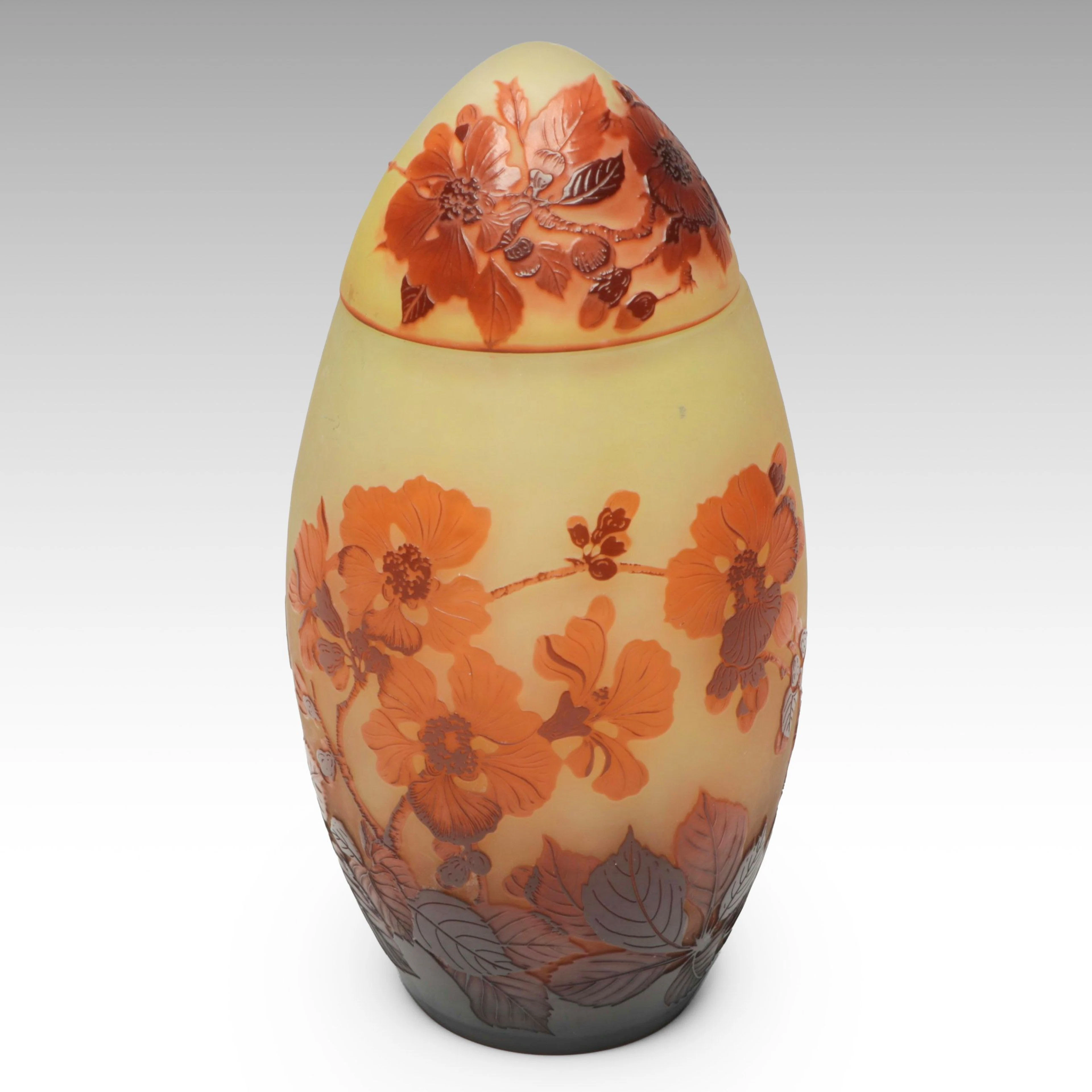 Émile Gallé Hibiscus Cameo Glass Egg Shape Lidded Urn