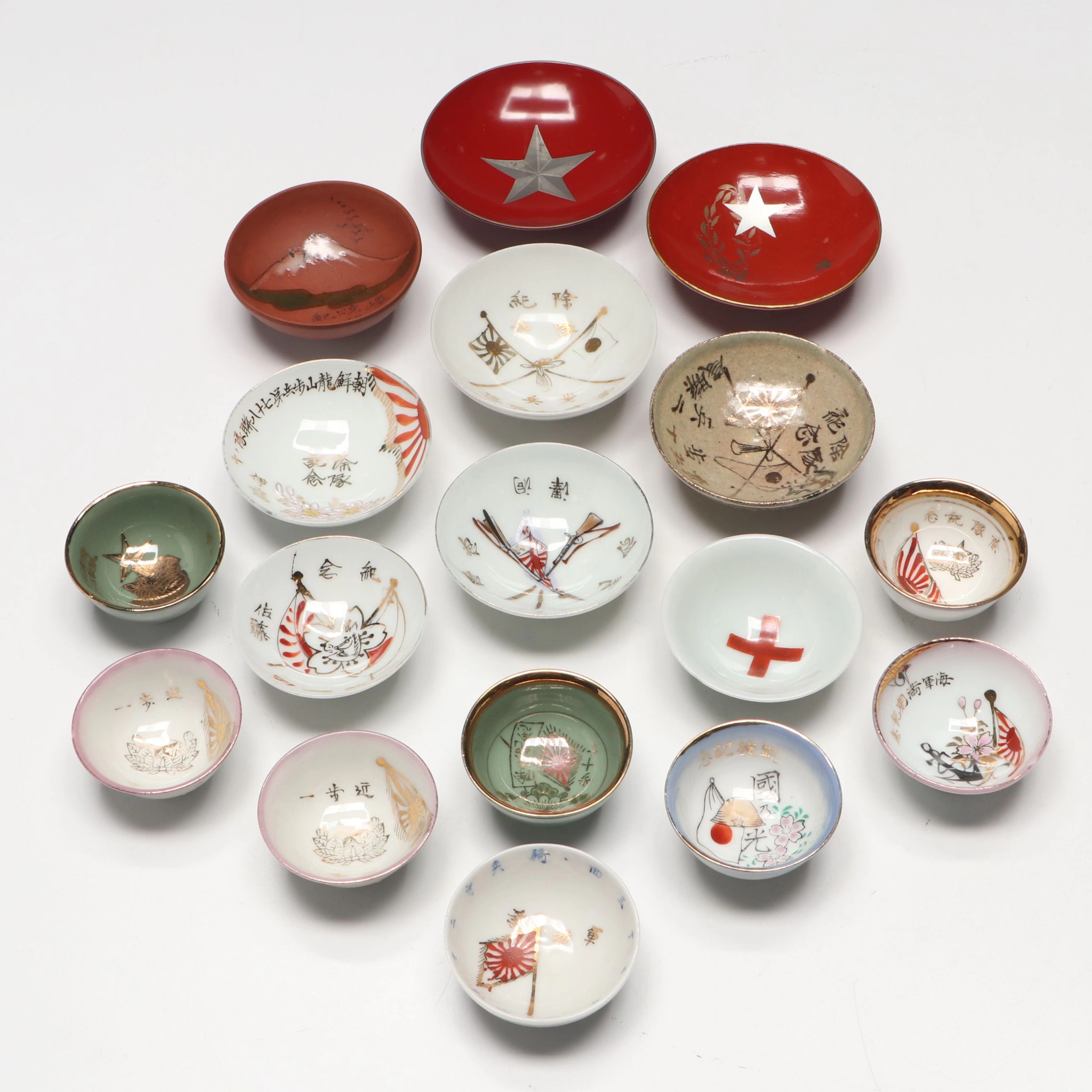 Japanese Imperial Army Commemorative Porcelain Sake Cups with More Sake Cups