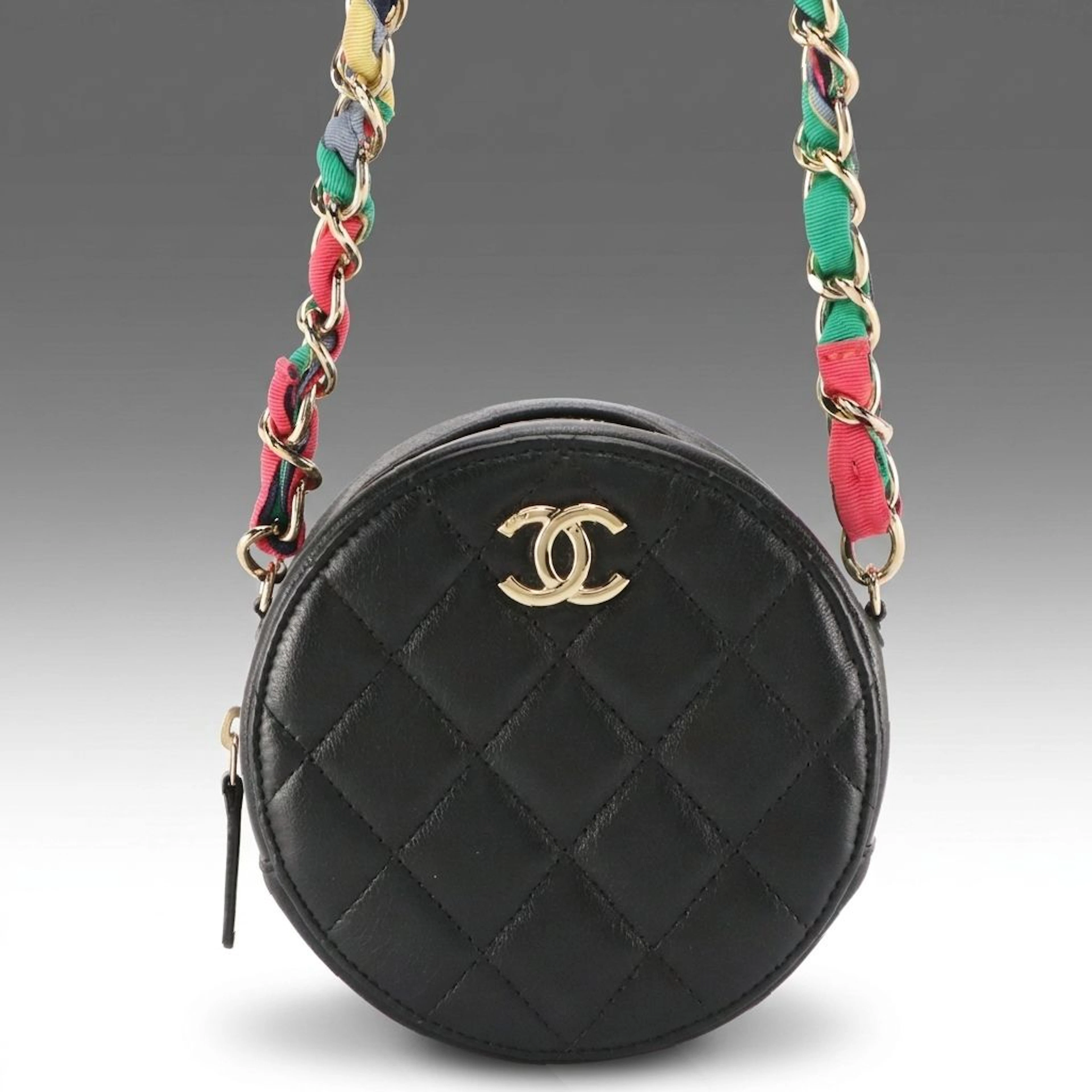 Chanel Mini Round Ribbon Chain Crossbody Bag in Quilted Lambskin Leather