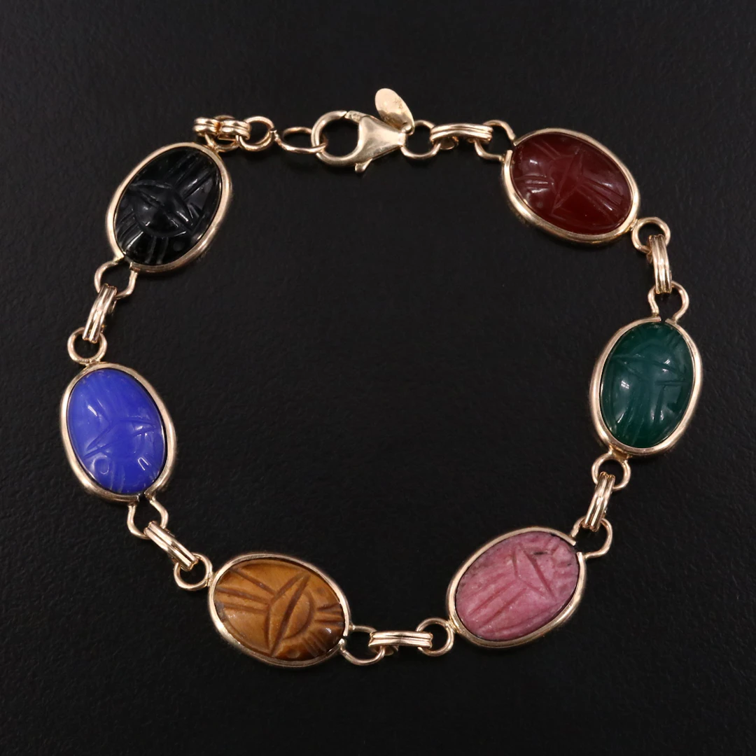 14K Scarab Bracelet Including Black Onyx, Tiger's Eye, Rhodonite and Chalcedony