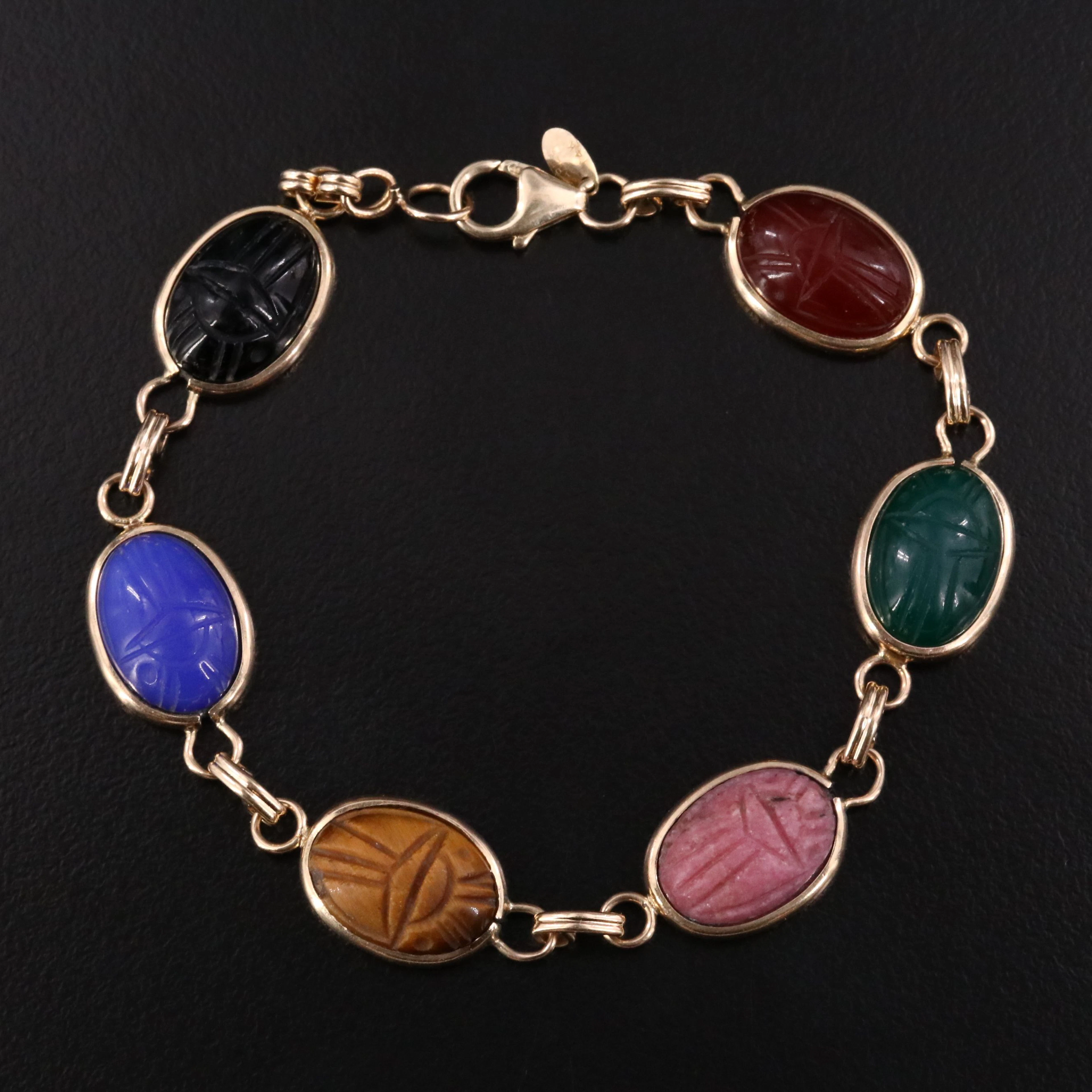 14K Scarab Bracelet Including Black Onyx, Tiger's Eye, Rhodonite and Chalcedony