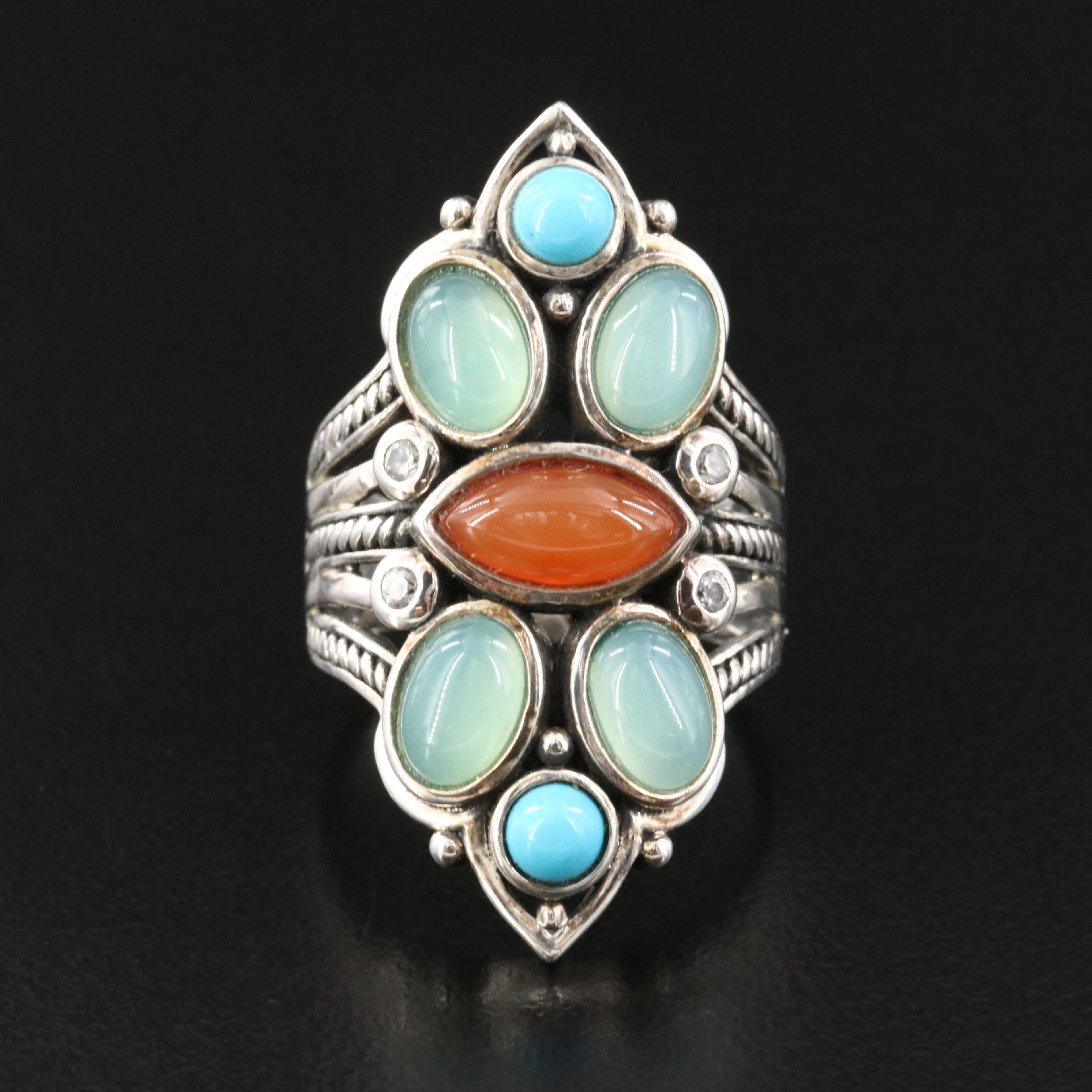 Sterling Chalcedony, Turquoise, and White Topaz Pointer Ring