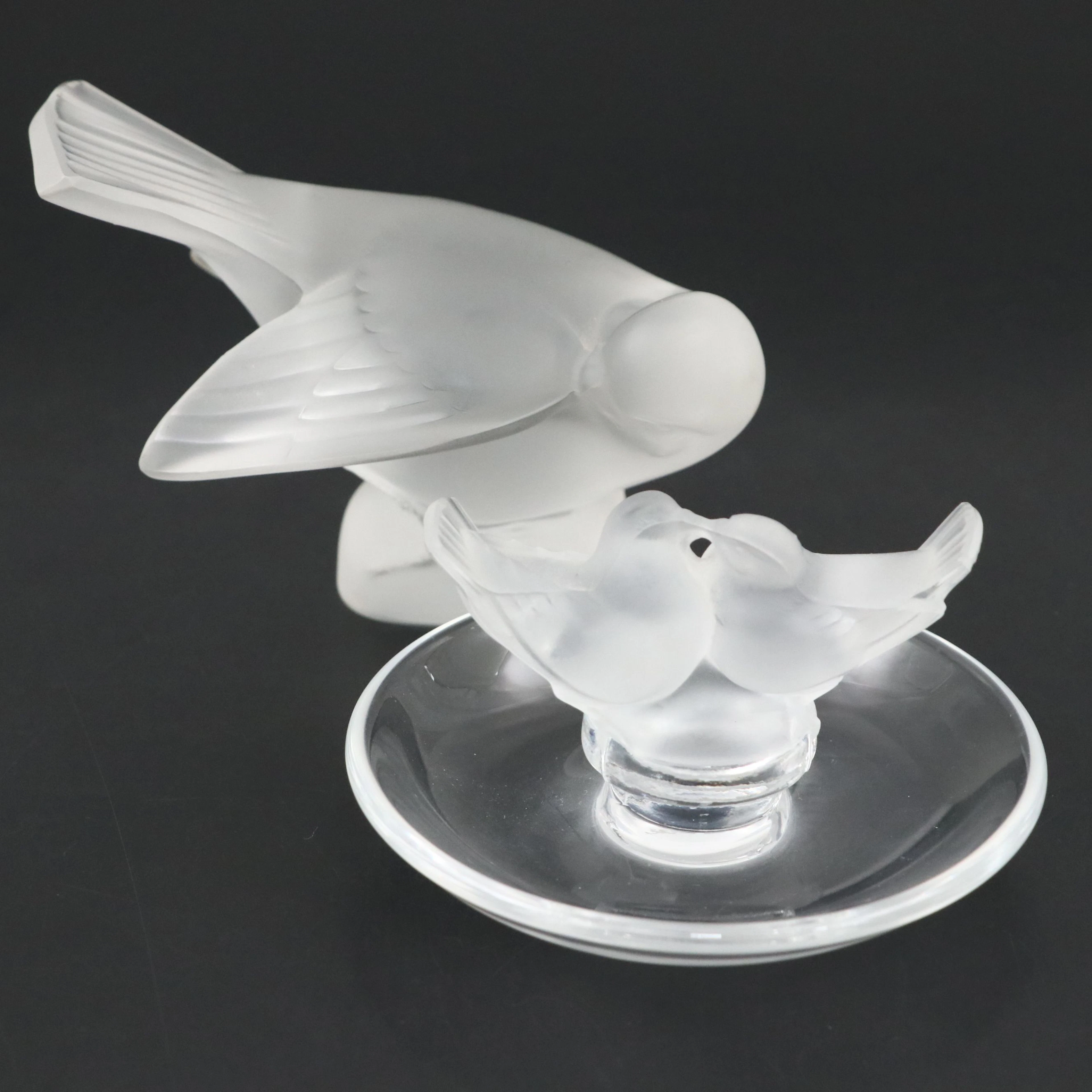 Lalique "Moineau Coquet" Frosted Crystal Figure with "Deux Colombes"