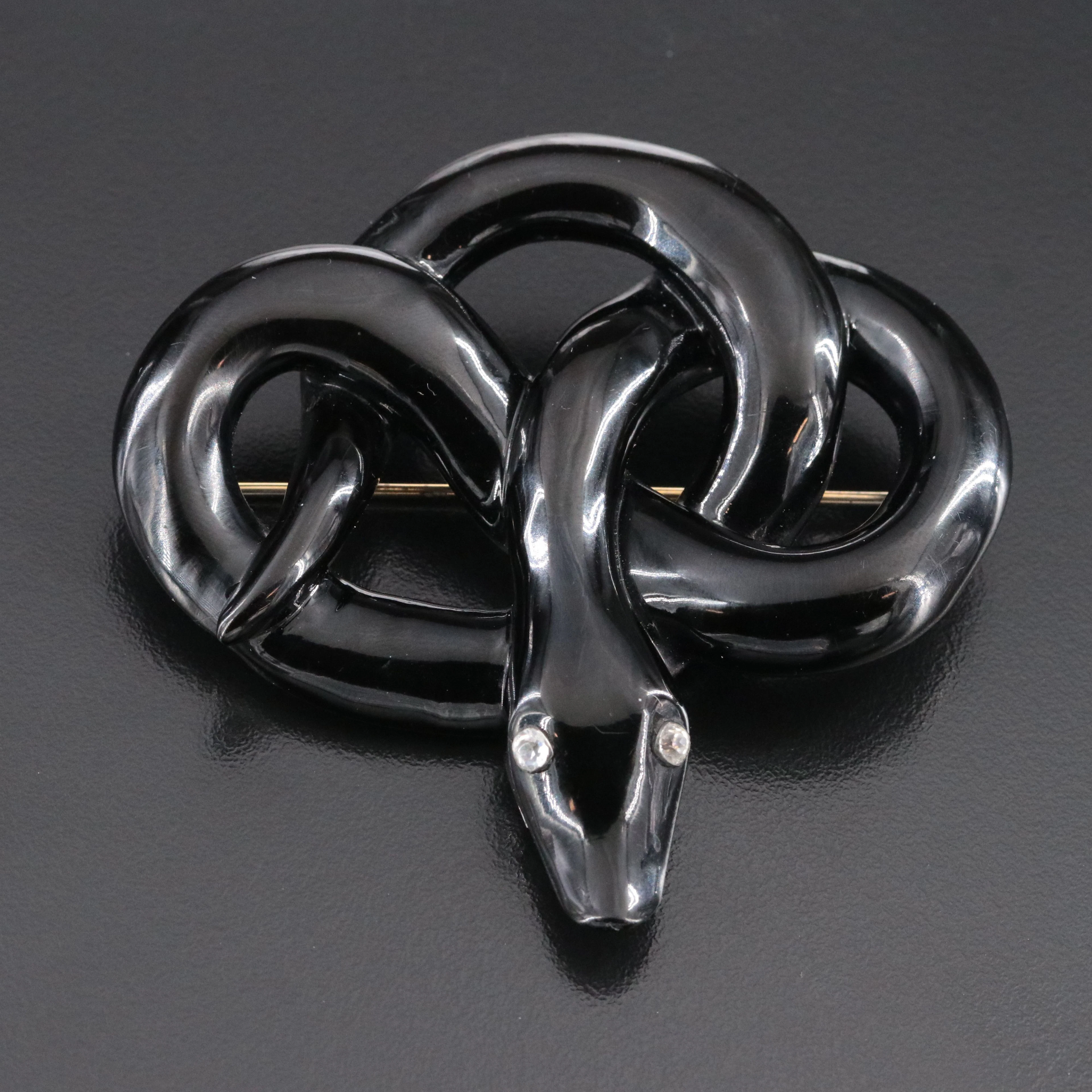 Antique English Carved Jet Snake Brooch with Glass Paste Eyes