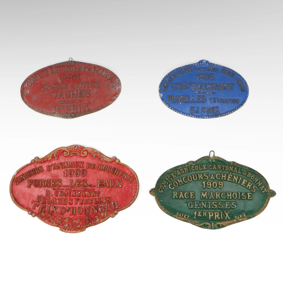 Four French Cast and Painted Metal Agricultural Prize Plaques, 20th Century
