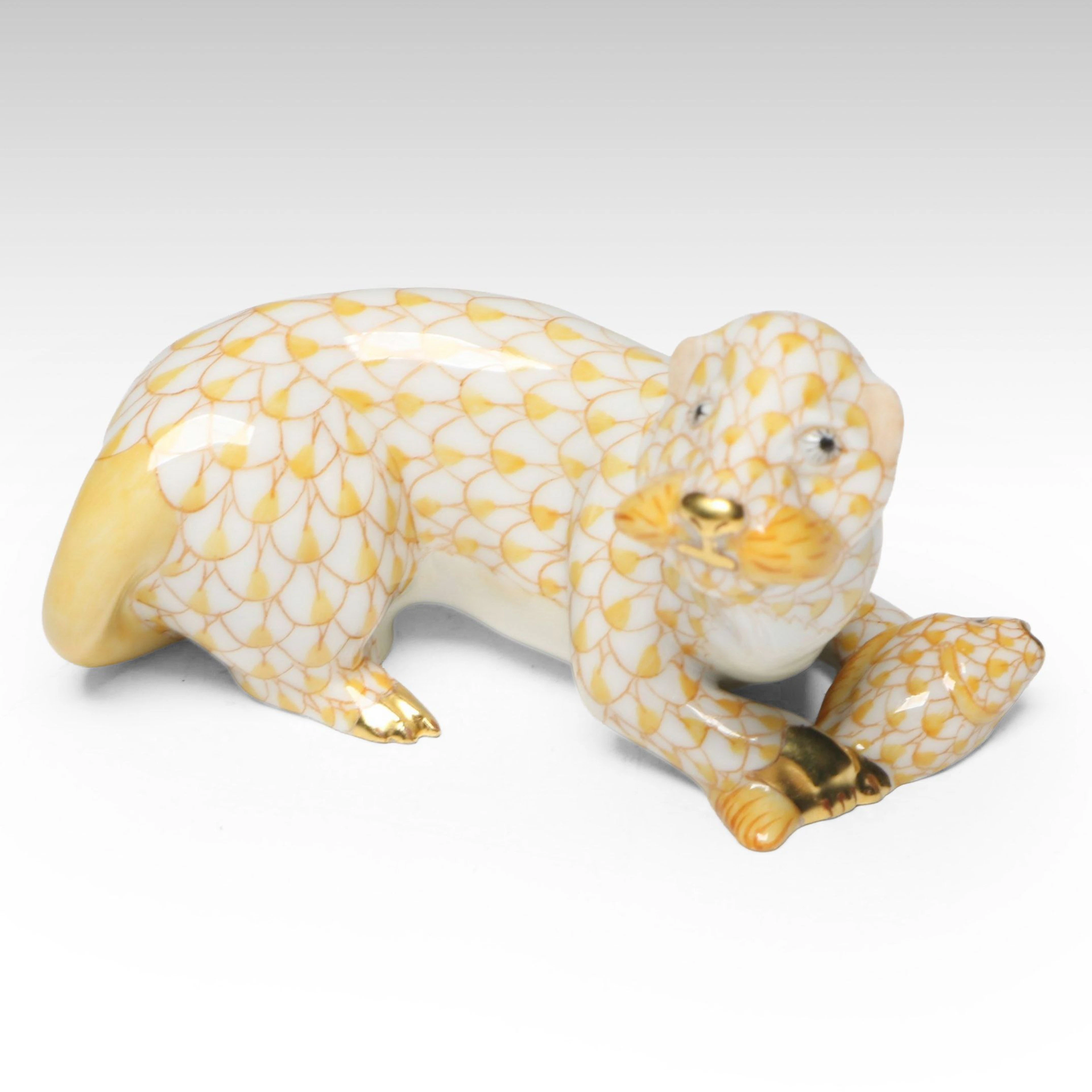Herend Butterscotch Fishnet with Gold "Sea Otter with Fish" Porcelain Figurine