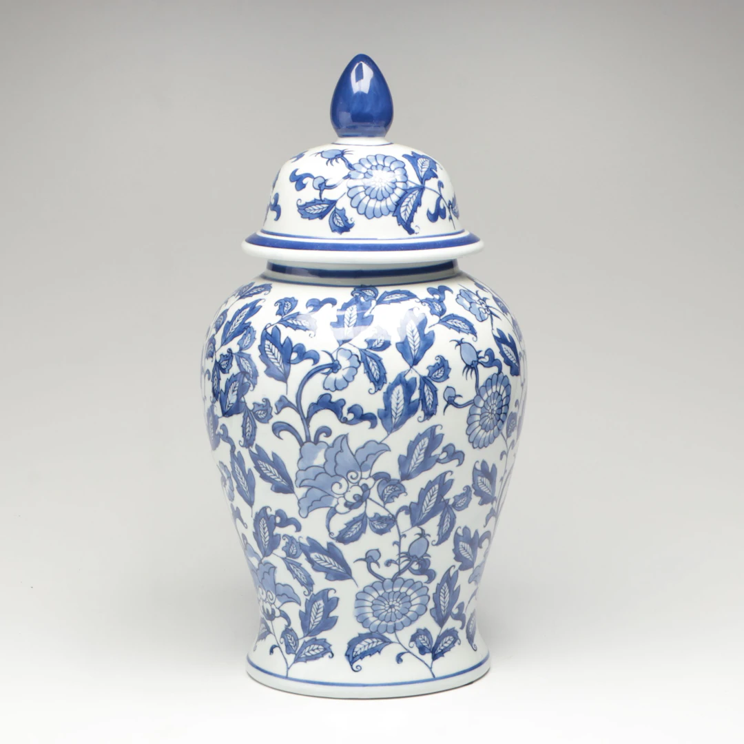 Chinese Floral Blue and White Porcelain Lidded Urn