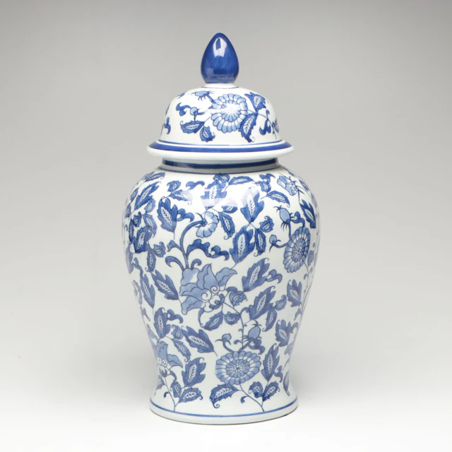 Chinese Floral Blue and White Porcelain Lidded Urn
