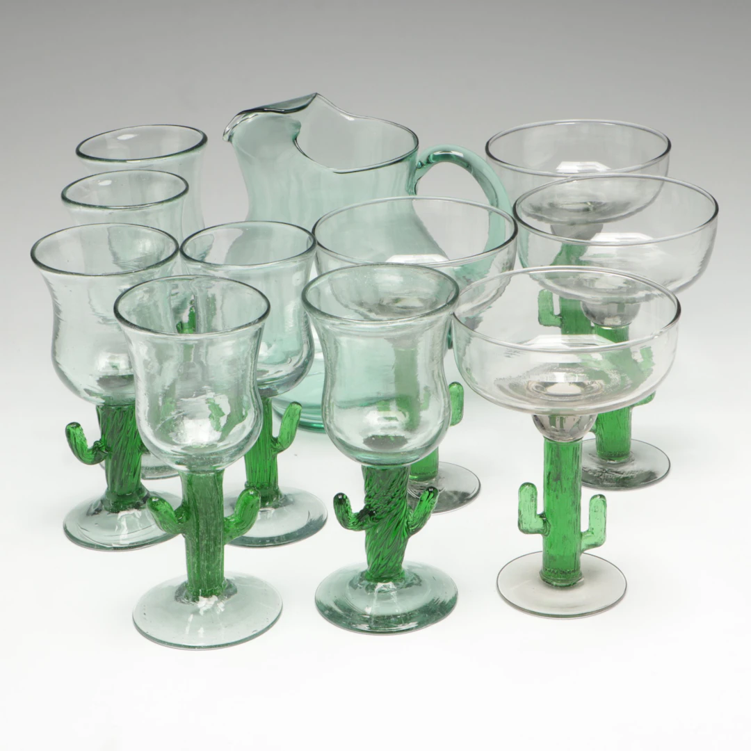 Handblown Glass Cactus Goblets and Margarita Glasses with Green Glass Pitcher