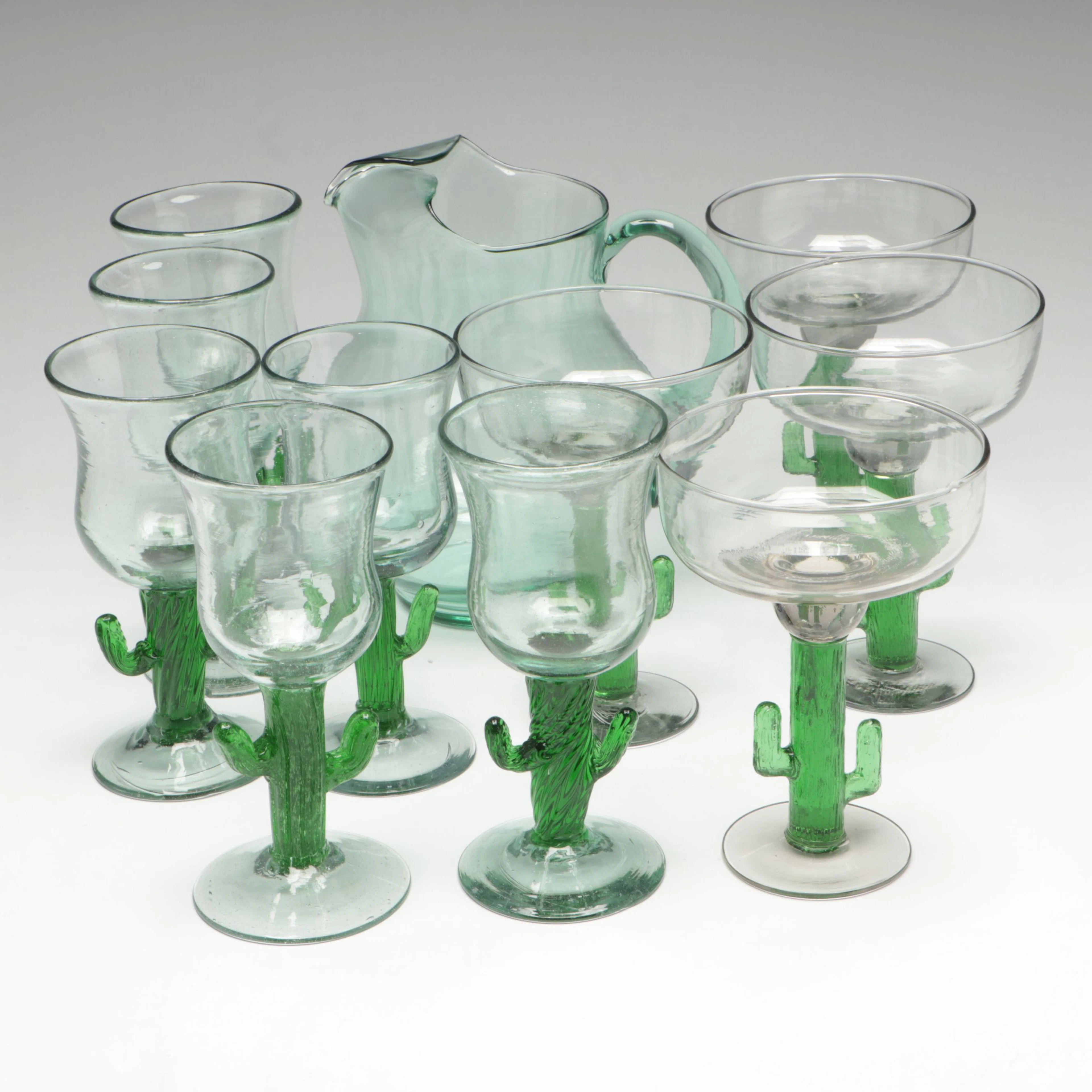 Handblown Glass Cactus Goblets and Margarita Glasses with Green Glass Pitcher