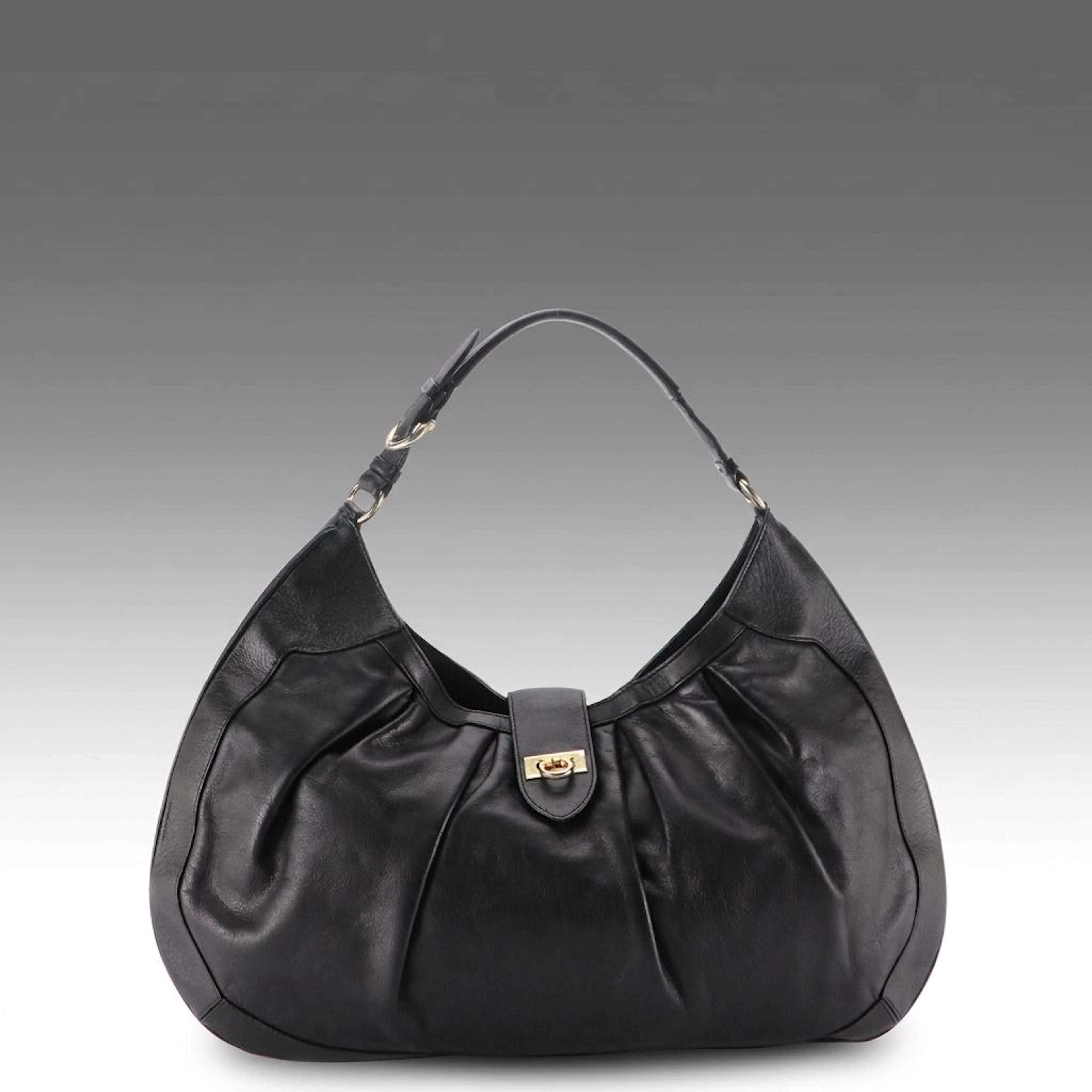 Salvatore Ferragamo Pleated Hobo Tote Bag in Black Calfskin Leather