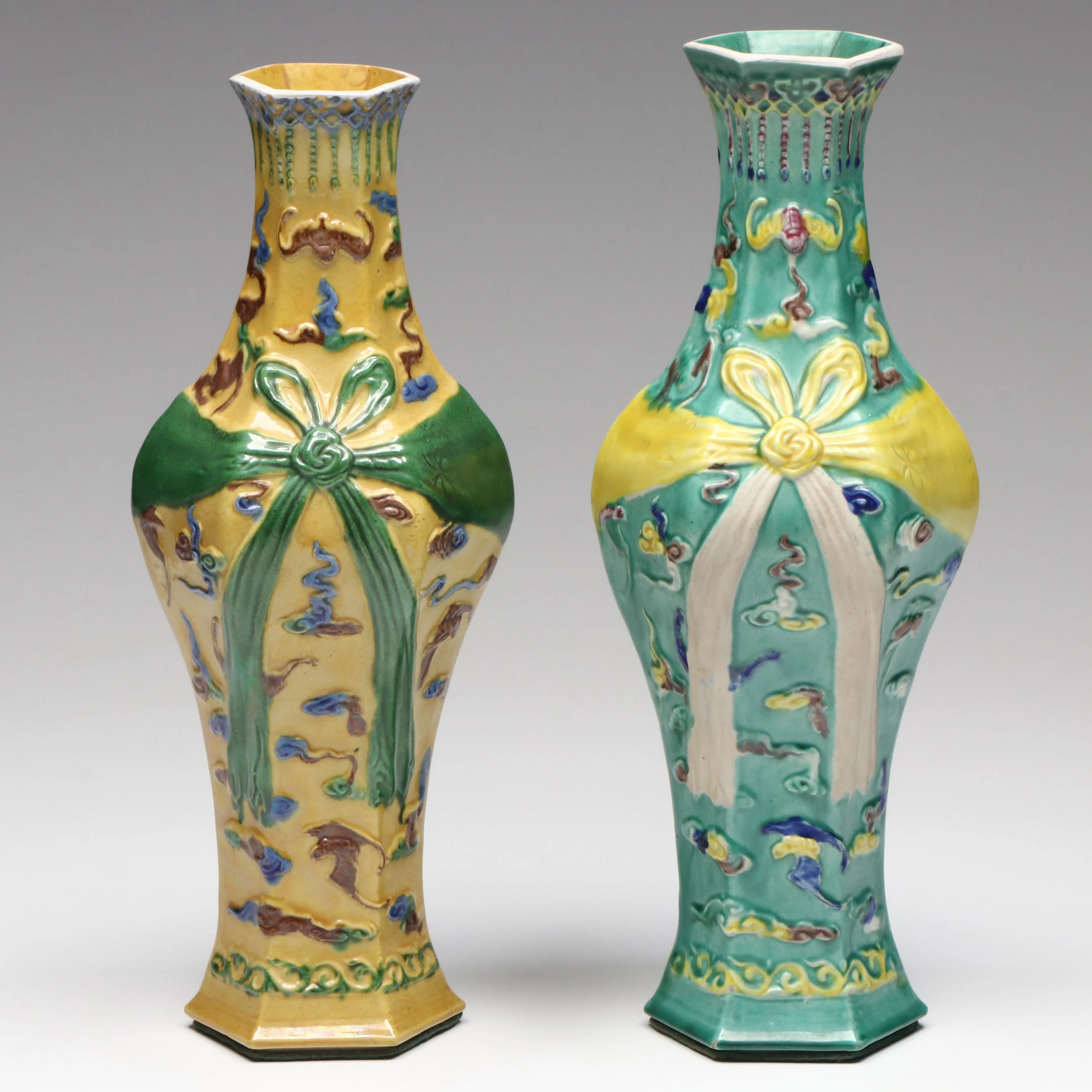 Chinese Hexagonal Ceramic Lamp Bases, 20th Century