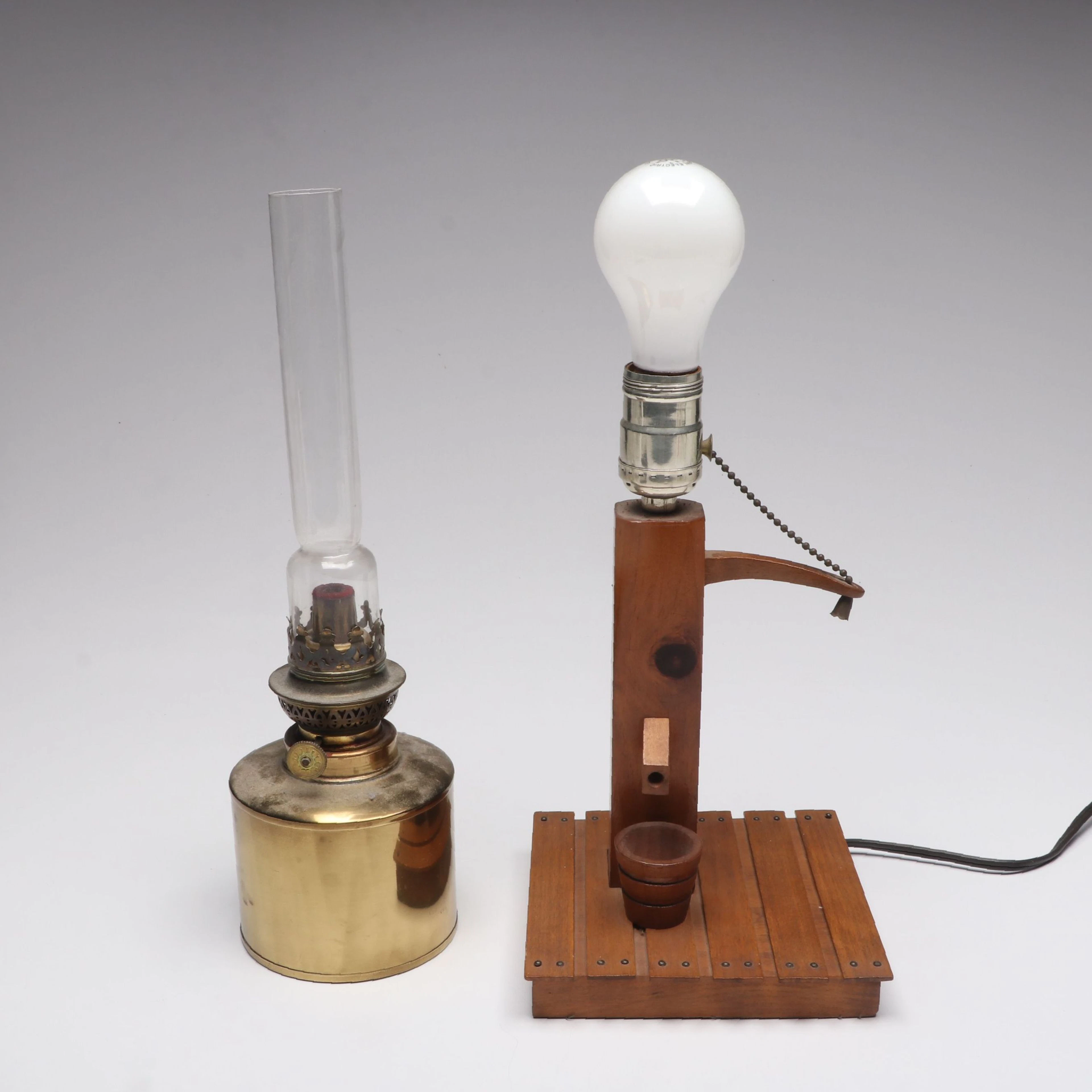Danish Brass Oil Lamp with Rural Water Pump Miniature Novelty Lamp