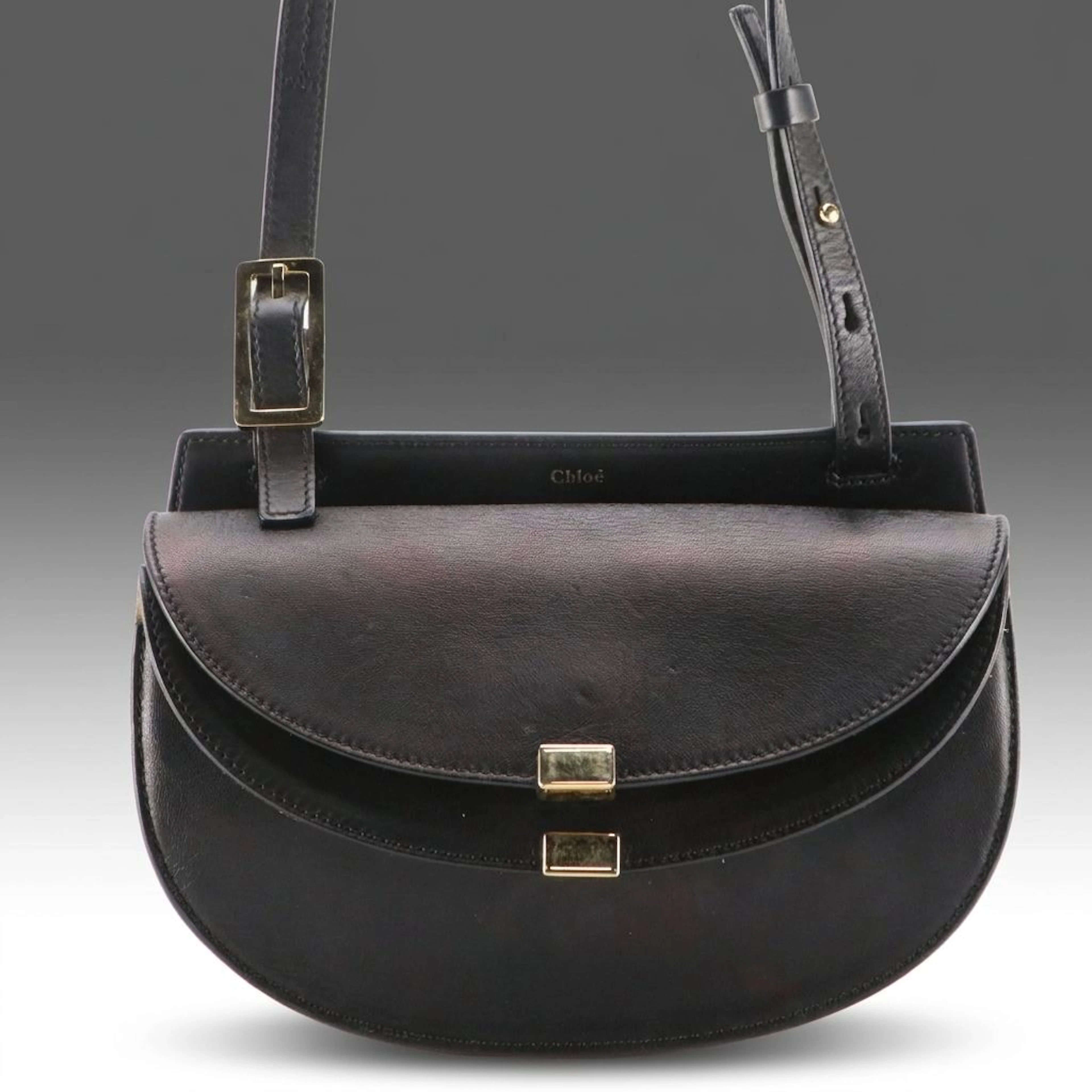 Chloé Georgia Double Flap Crossbody Bag in Black Calfskin Leather