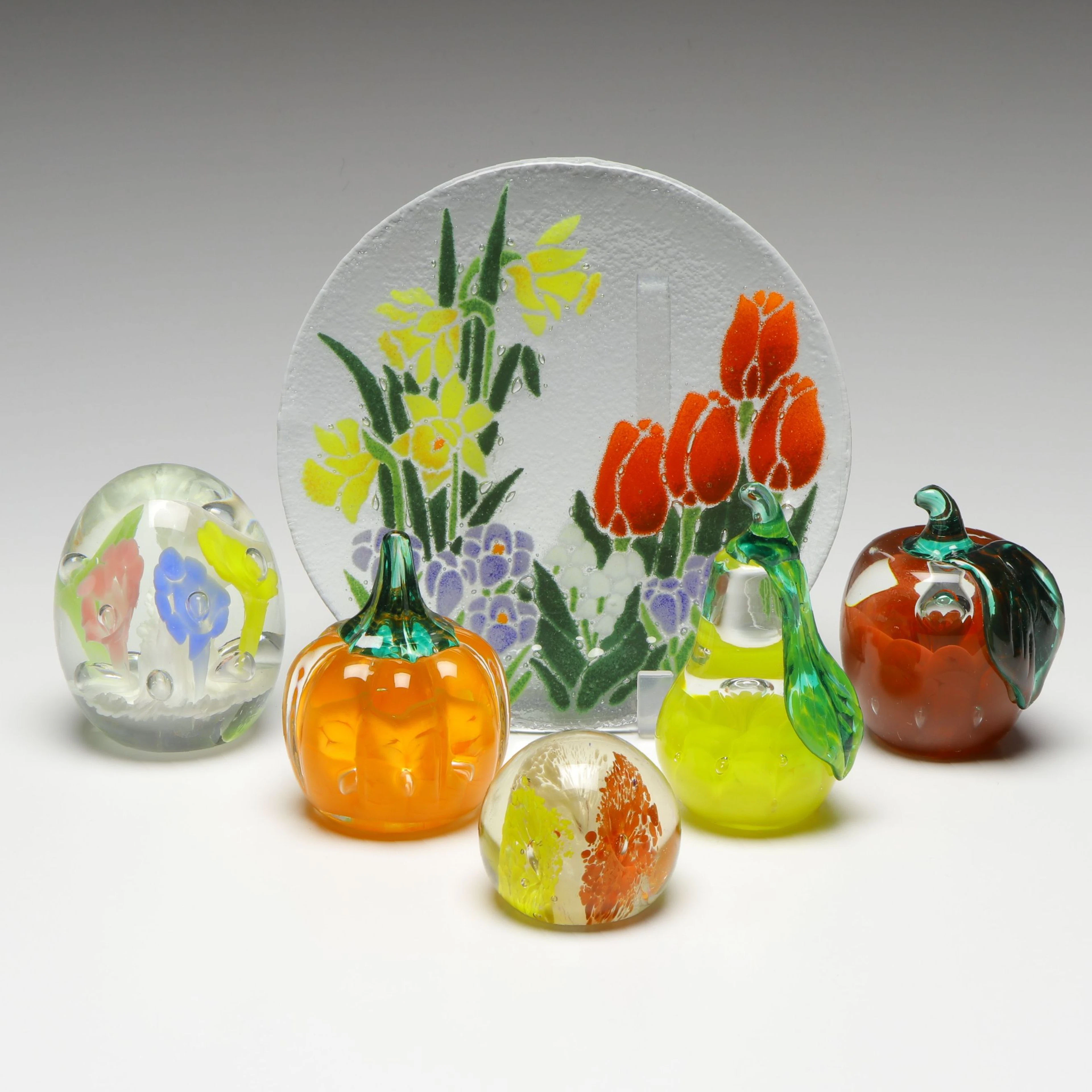 Peggy Karr Fused Floral Art Glass Dish with Joe Rice and Other Paperweights
